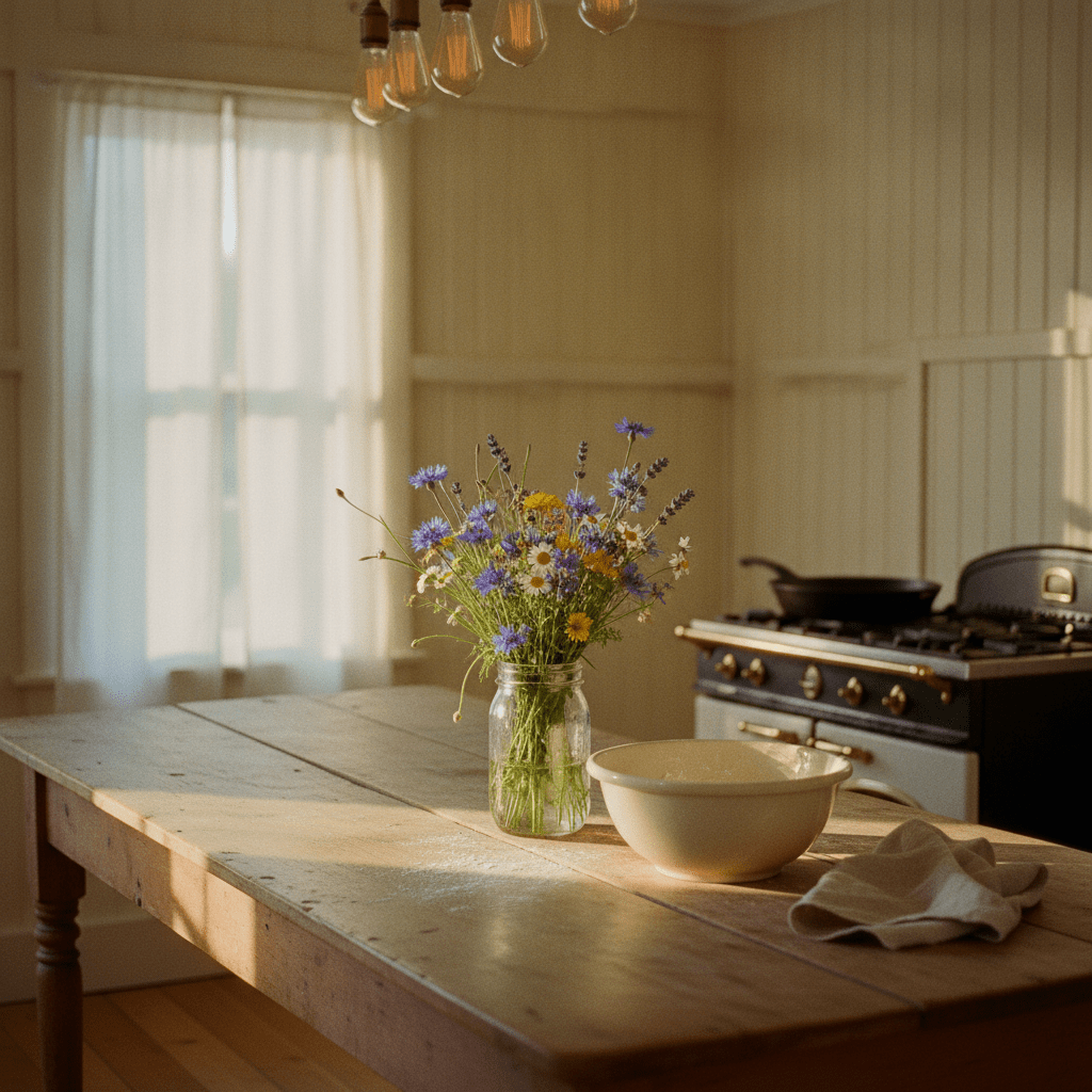A sun-warmed farmhouse kitchen at golden hour, the undisputed heart of the home, with cast iron on the stove and wildflowers on a worn wooden table.