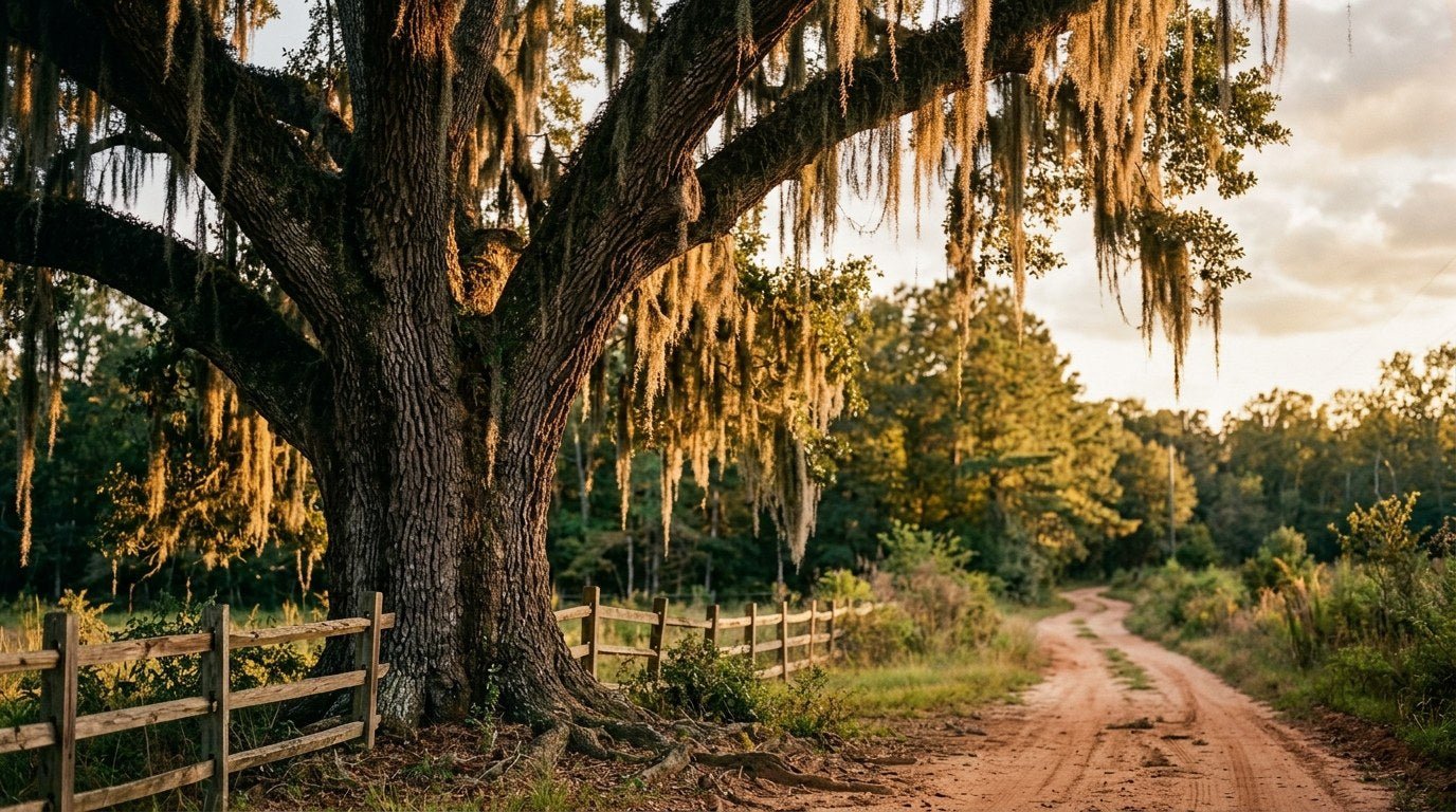 A massive ancient oak draped in Spanish moss rises above a weathered split-rail fence along a golden Southern country road at dusk.