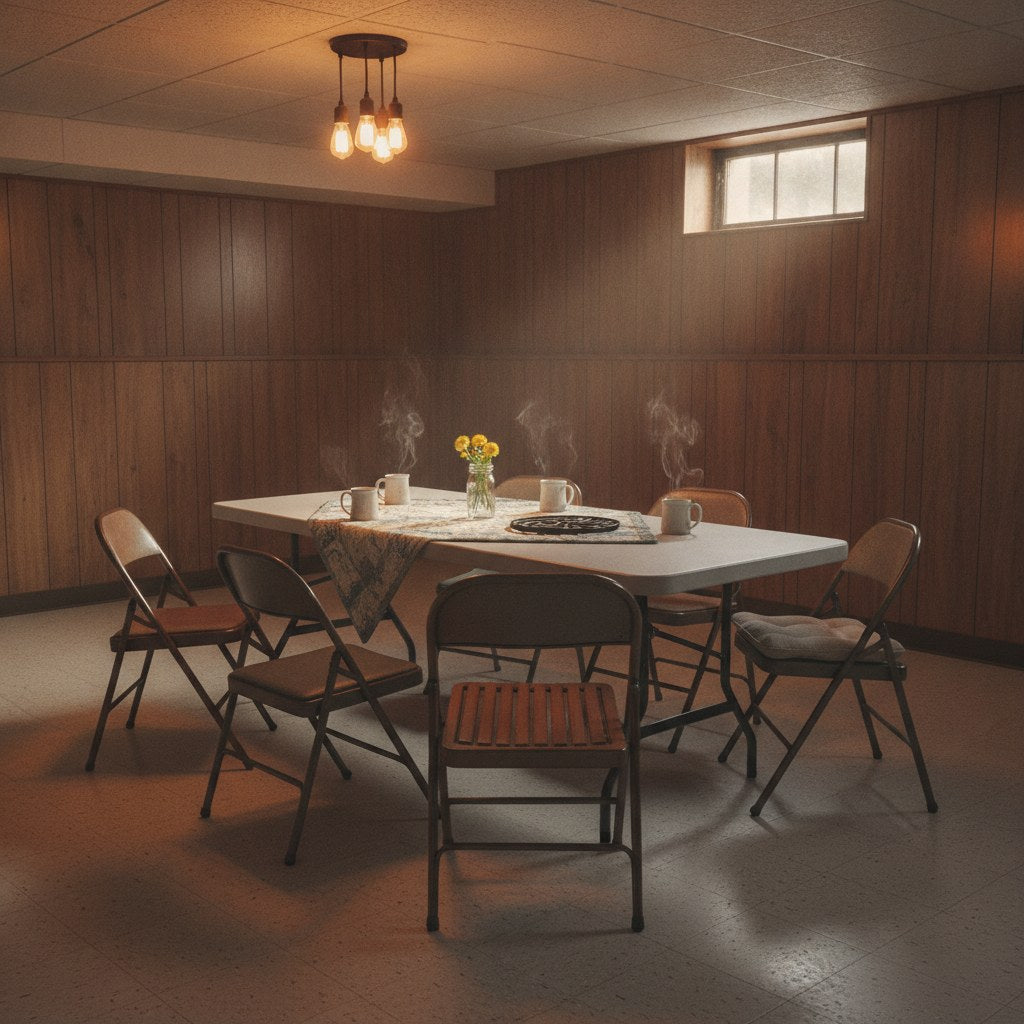 A circle of mismatched chairs around a folding table in a warmly lit church basement, suggesting an informal parenting support group gathering over coffee.
