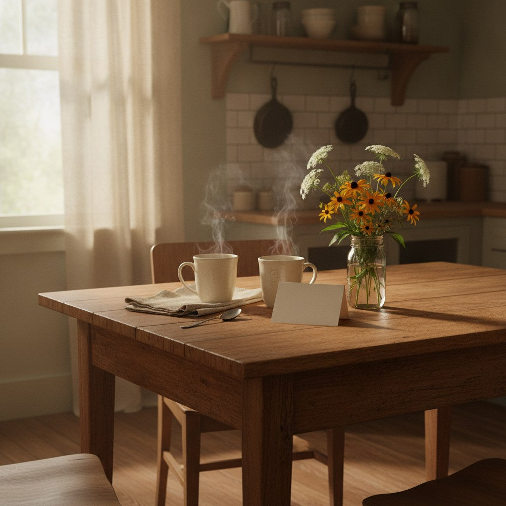 A quiet farmhouse kitchen table set with two coffee mugs and an opened greeting card beside a vase of wildflowers, evoking the understated warmth of personalized anniversary gifts for ordinary, meaningful years.
