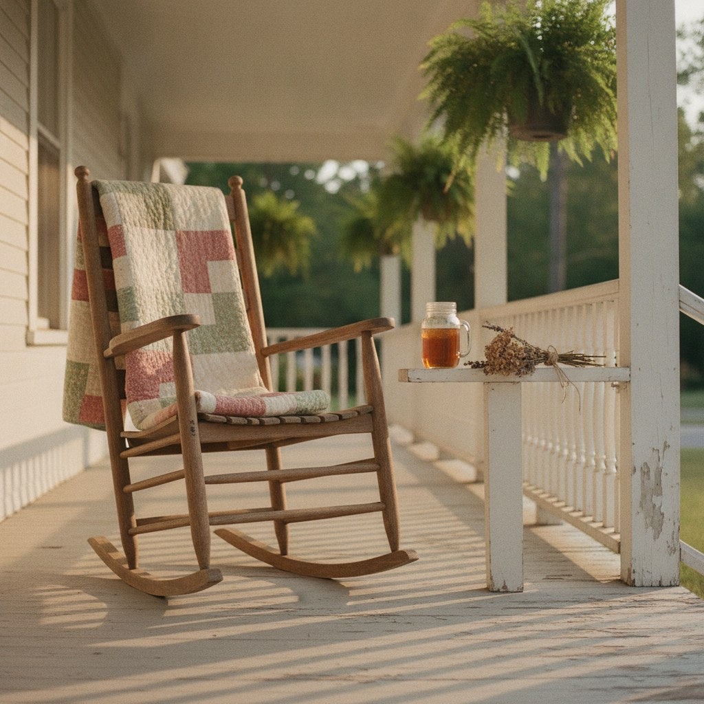 A warm farmhouse porch scene evoking the thoughtful spirit of personalized aunt gifts, with a rocking chair, folded quilt, and golden afternoon light.