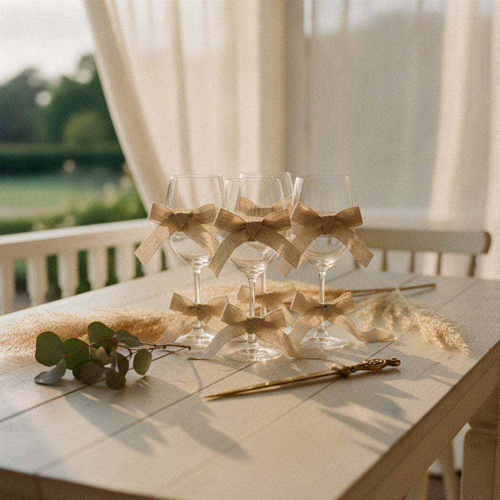 A sun-warmed farmhouse porch table styled with wine glasses, ribbon, and dried florals evoking the careful planning behind personalized bridesmaid gifts.