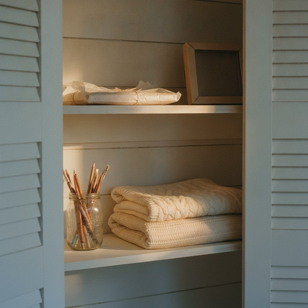 A sun-warmed farmhouse guest room closet shelf holding forgotten personalized family gifts wrapped in tissue paper and dusty ribbon.