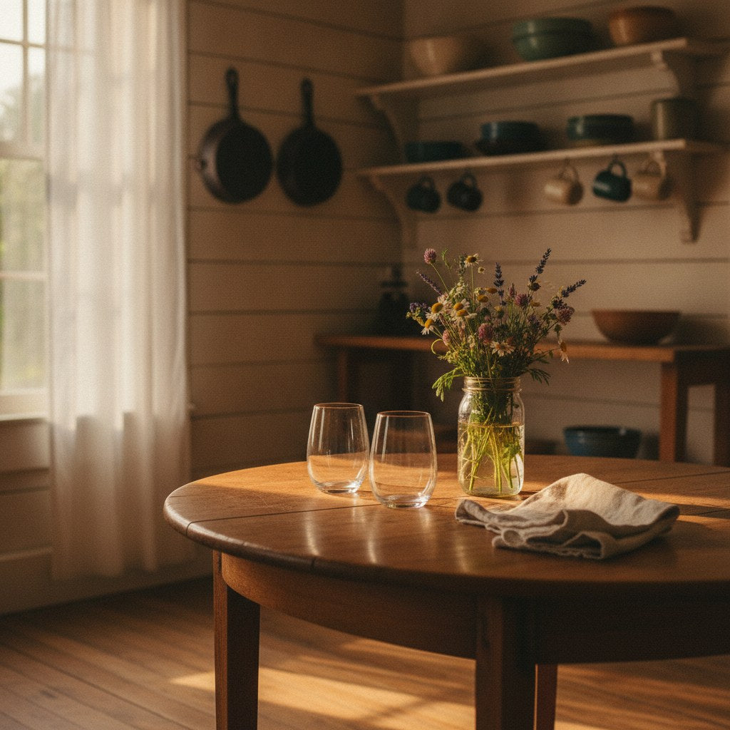 A warm farmhouse kitchen corner at golden hour evoking the thoughtfulness behind personalized gifts for wife.
