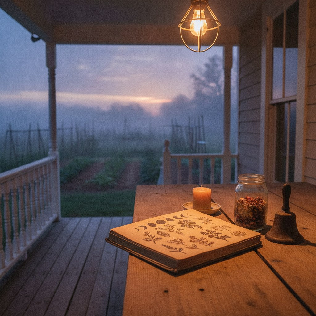 A worn farmhouse porch at dusk with an open hand-stitched almanac beside a mason jar of dried seeds, evoking the old Southern tradition of planting by moon phases.