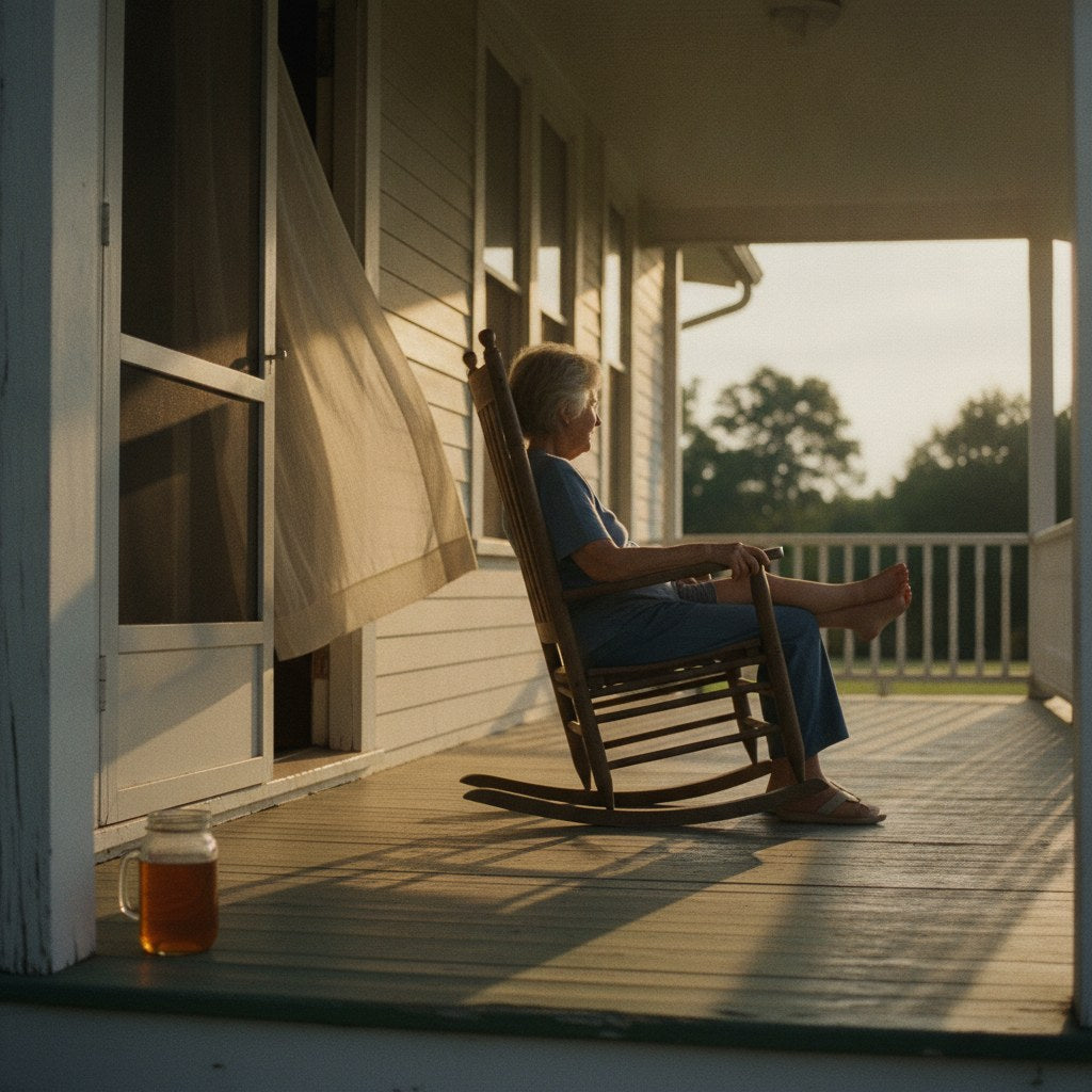 A grandmother's weathered hands rest in her lap on a sunlit farmhouse porch rocker, a sleeping grandchild's small bare feet tucked against her quilted skirt, evoking the warmth behind quotes about grandparents.