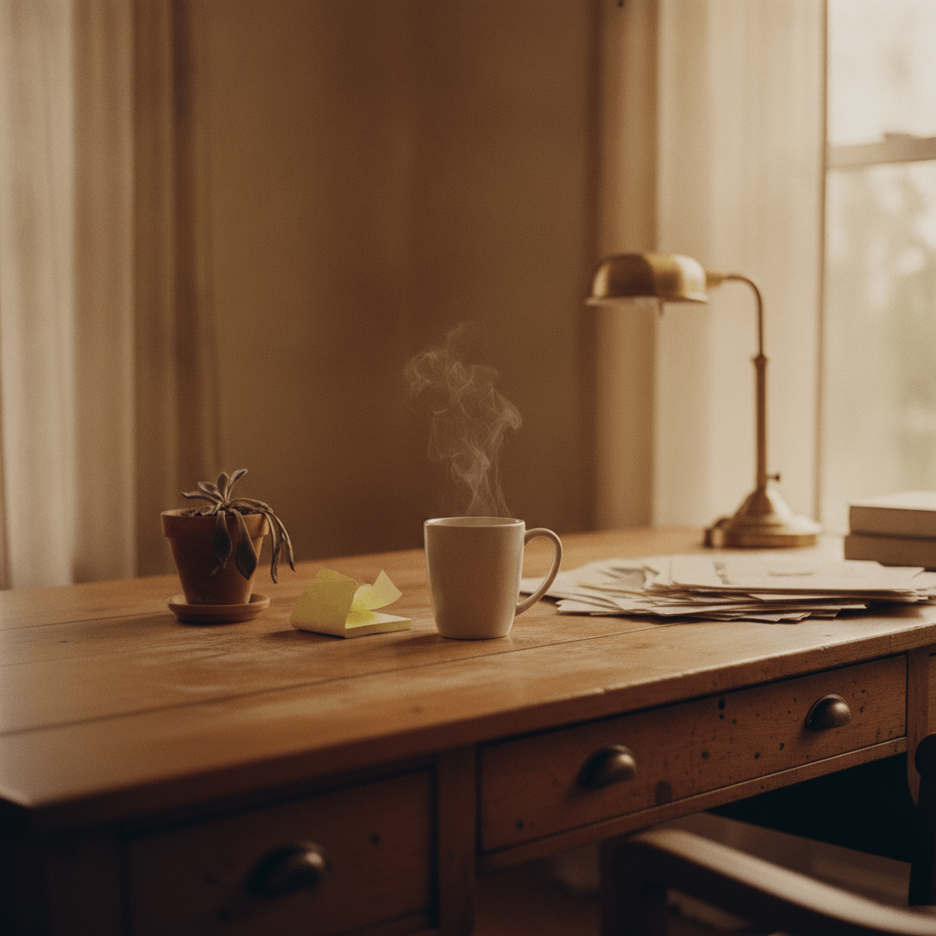 A worn farmhouse desk bathed in golden morning light holds a steaming ceramic mug, scattered sticky notes, and a half-wilted potted plant, evoking the humor quotes about work that keep office life bearable.