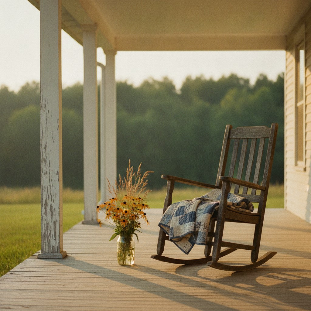 A weathered farmhouse porch at golden hour with a worn quilt draped over a rocking chair beside a mason jar of wildflowers, evoking the slow, unglamorous nature of growth that quotes on growth rarely capture.