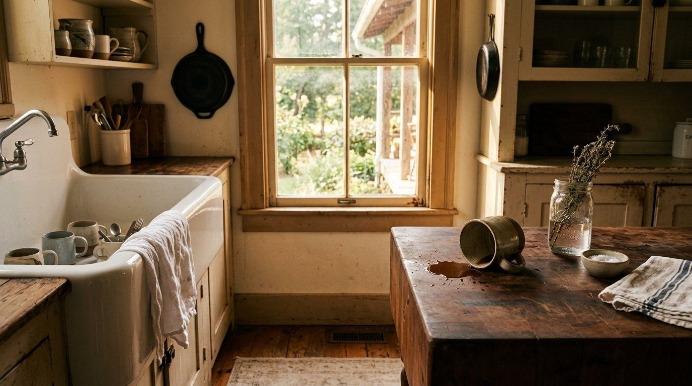 A sun-warmed farmhouse kitchen sink with a damp linen cloth and a spilled coffee cup resting on worn wooden countertop, evoking the timeless grandmother wisdom used to remove coffee stains before they set.