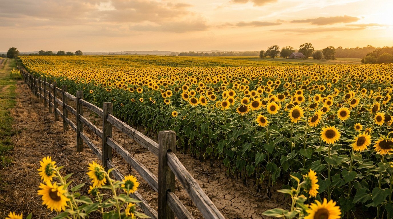 A sprawling field of wild sunflowers glowing under late-afternoon golden light on a Kansas-style Southern farm, evoking the spirit of resilience quotes carved into everyday life.
