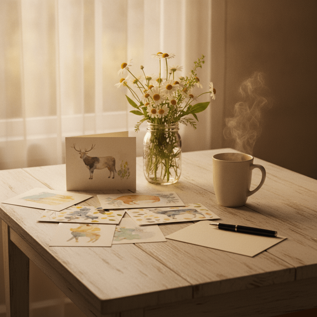 A sunlit farmhouse kitchen table scattered with open greeting cards, a mason jar of wildflowers, and a worn coffee mug beside a blank notecard and uncapped pen, evoking the search for the perfect sayings about motherhood.