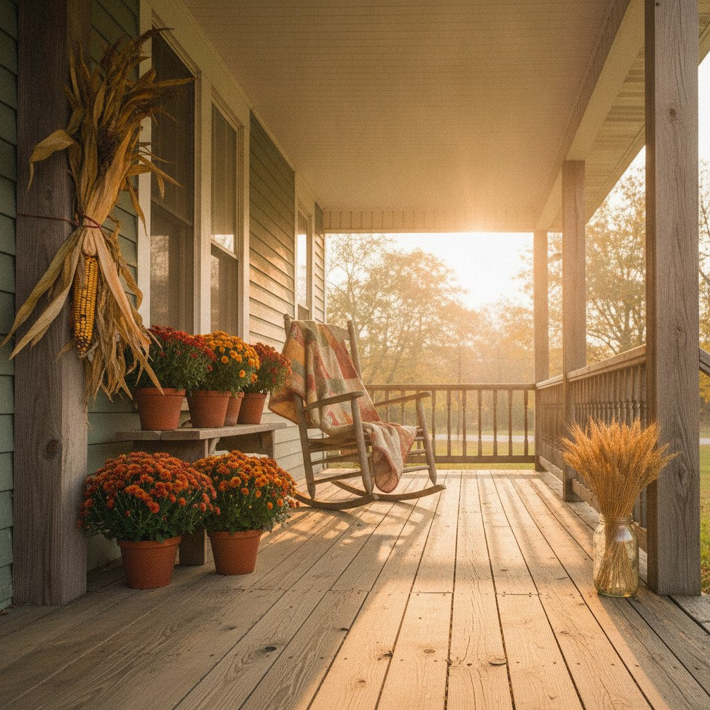 A sunlit Southern farmhouse porch layered with seasonal decor including dried corn husks, terracotta pots, and a worn quilt draped over a rocking chair in golden afternoon light.
