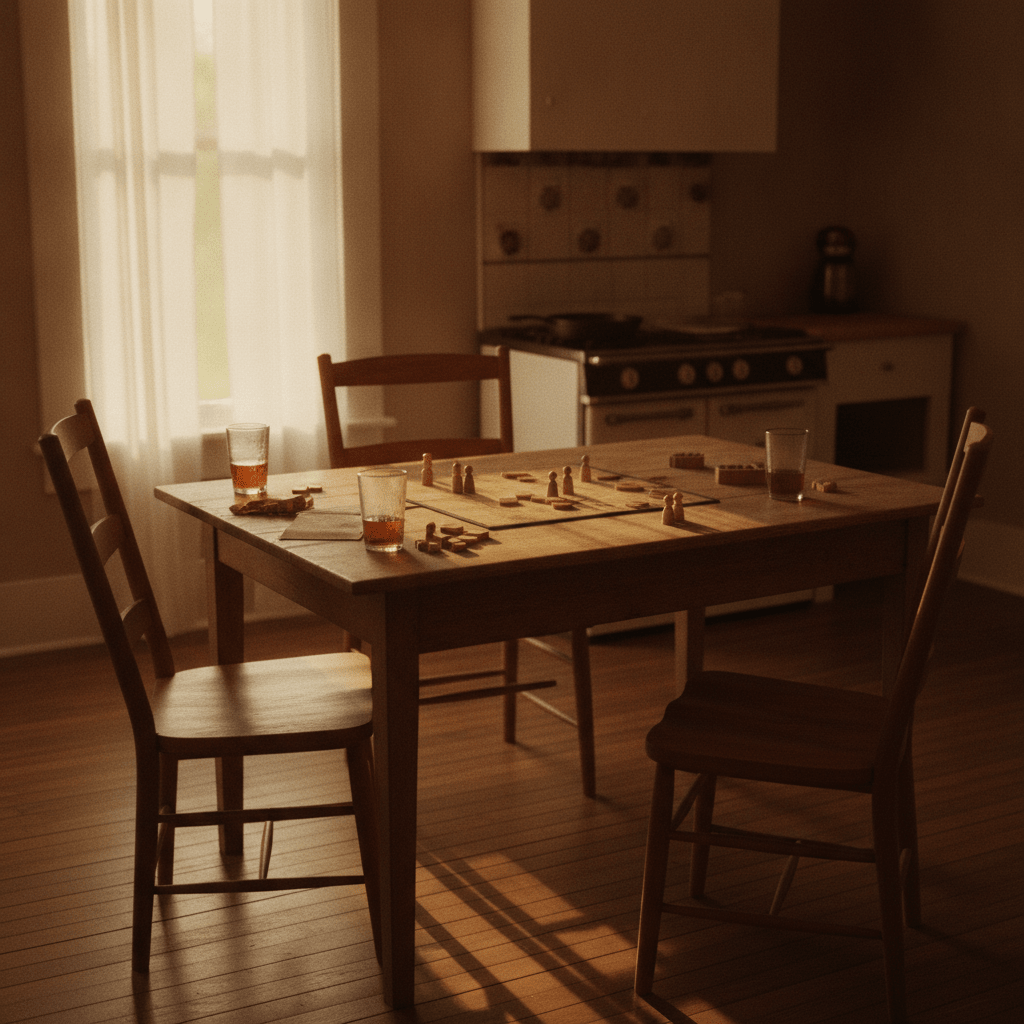 A worn farmhouse kitchen table scattered with a half-finished board game and two mismatched chairs pushed back, evoking the spirited sibling fighting of childhood summers.
