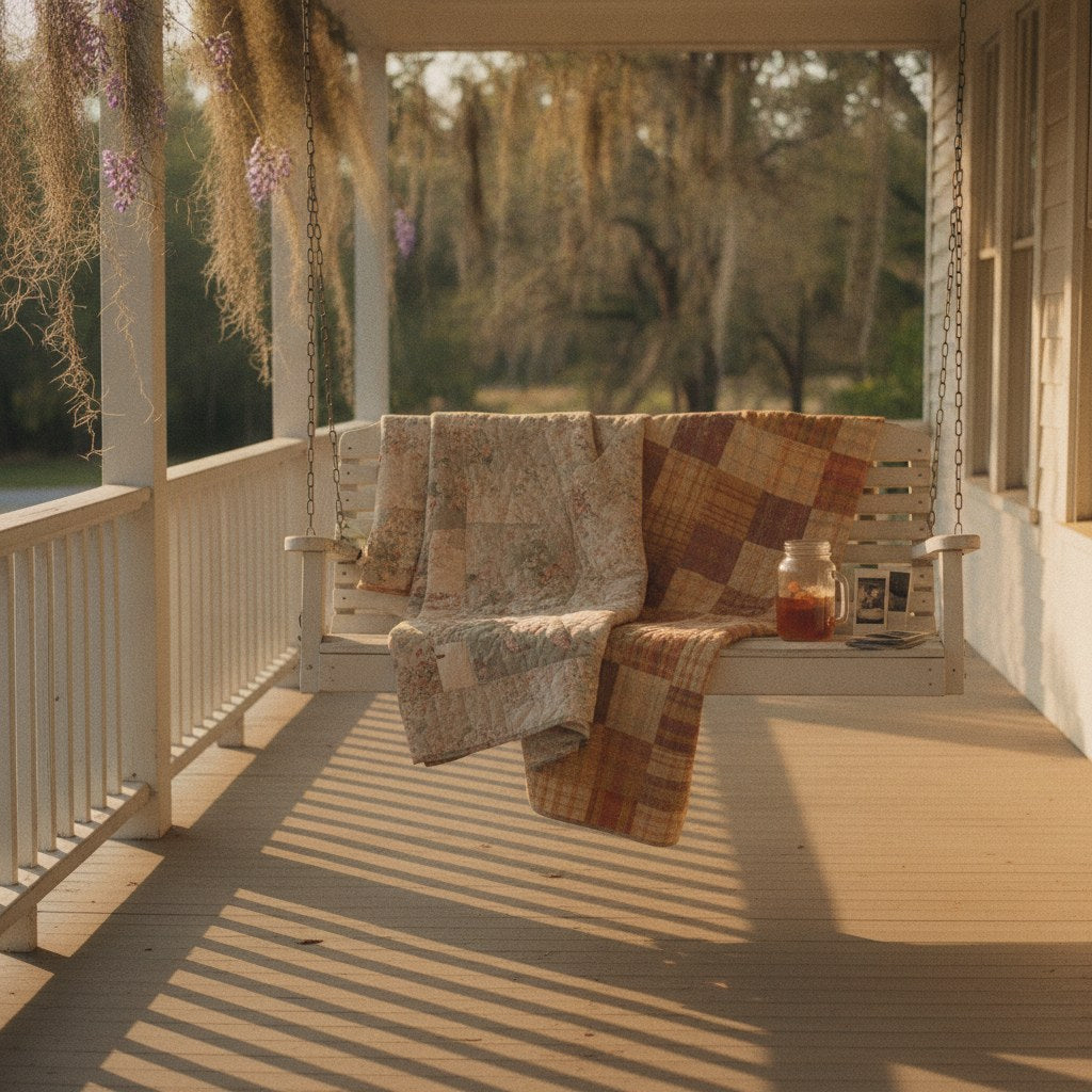 A sun-warmed farmhouse porch swing holding two mismatched quilts side by side, evoking the siblings quotes that capture shared childhoods remembered differently.
