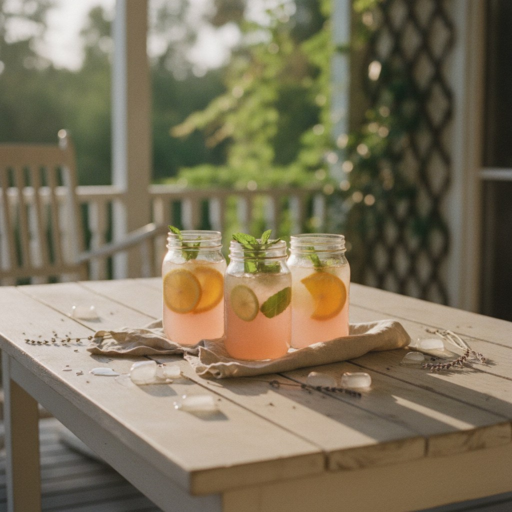 A sun-drenched farmhouse porch table styled with signature cocktail ideas — mismatched mason jars filled with a blush-pink drink, fresh mint sprigs, and sliced citrus arranged on worn whitewashed wood.