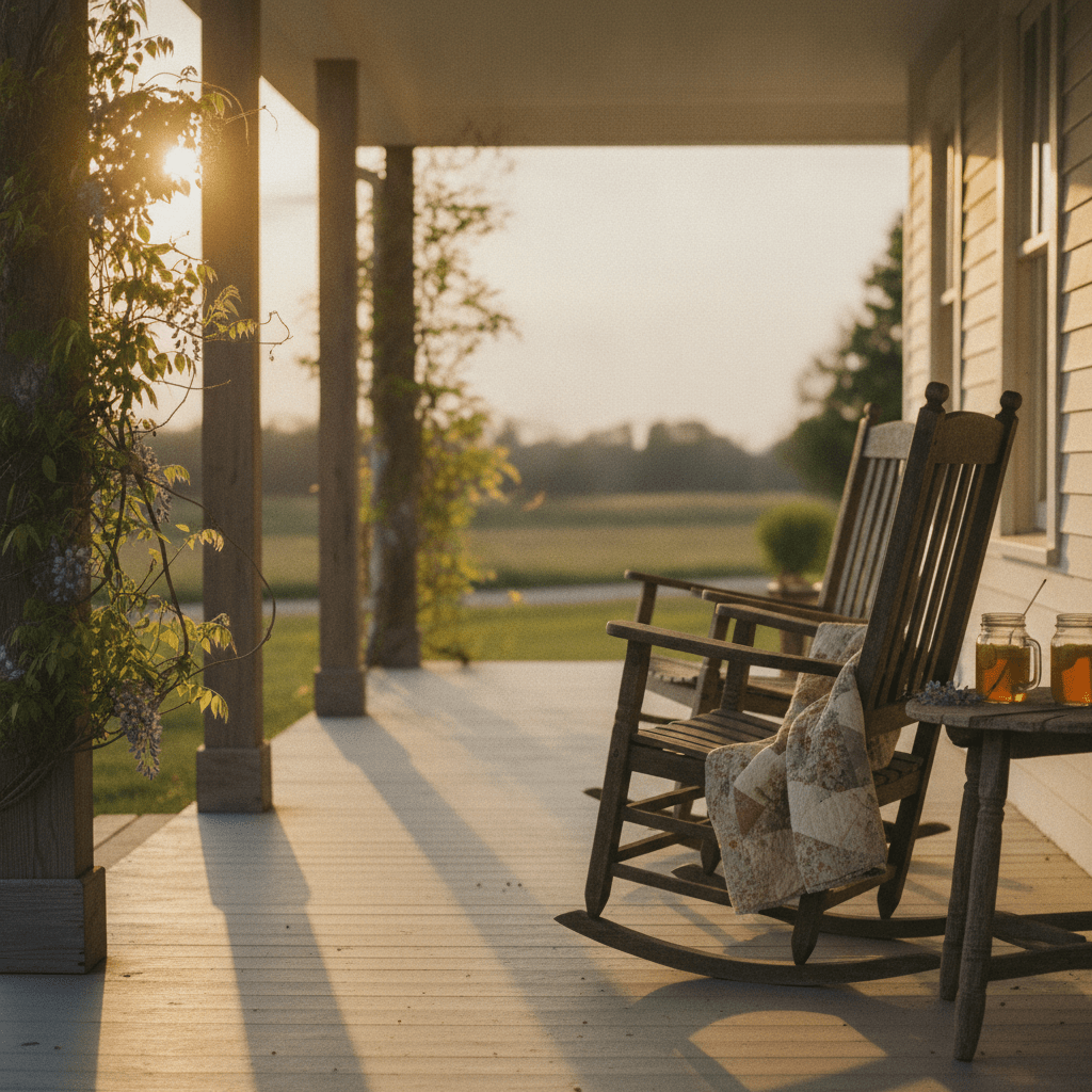 Two worn rocking chairs side by side on a sunlit Southern farmhouse porch, capturing the quiet sisterhood meaning found in shared everyday spaces.