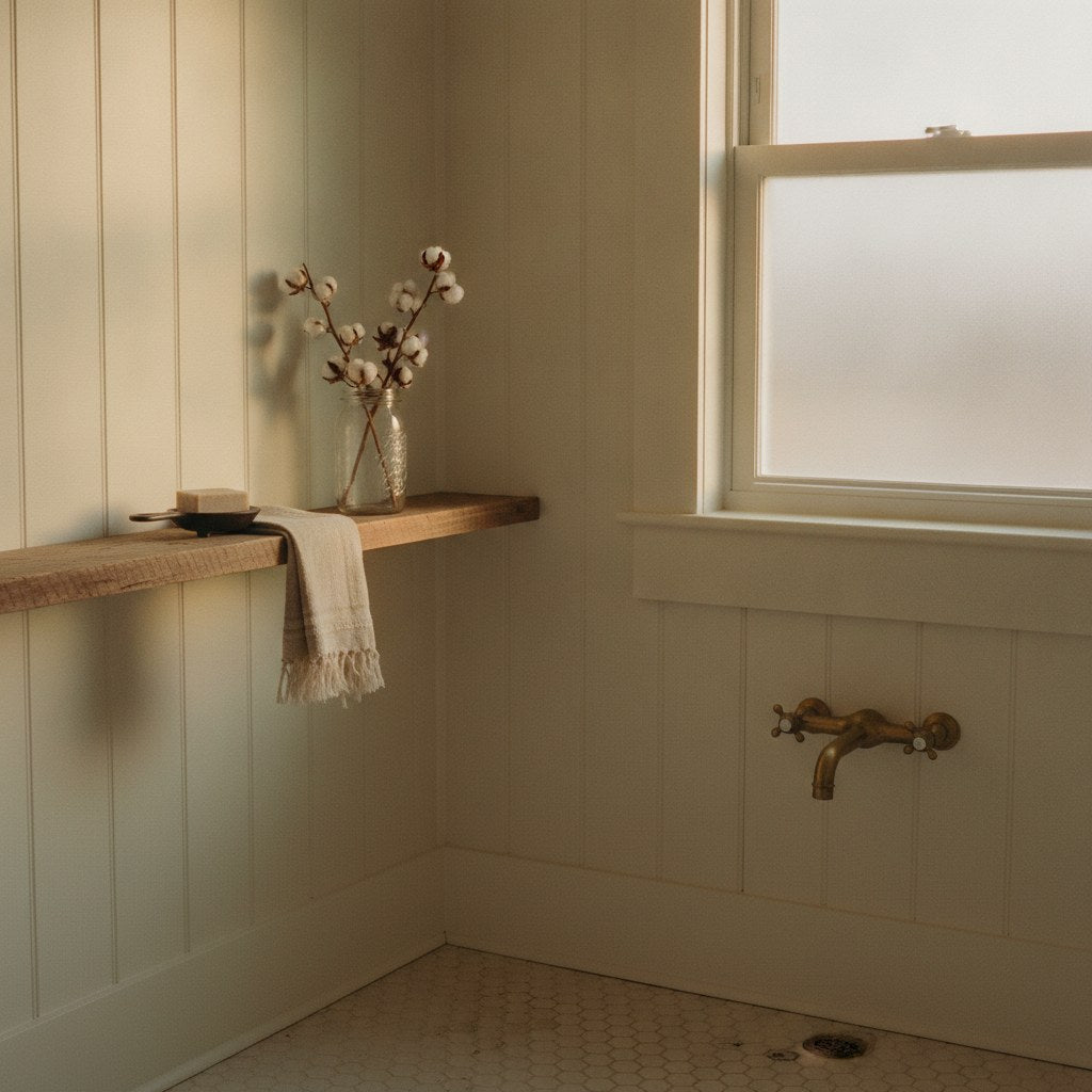 A charming small bathroom corner styled with shiplap walls, a weathered wood shelf, and warm golden light filtering through a frosted window.