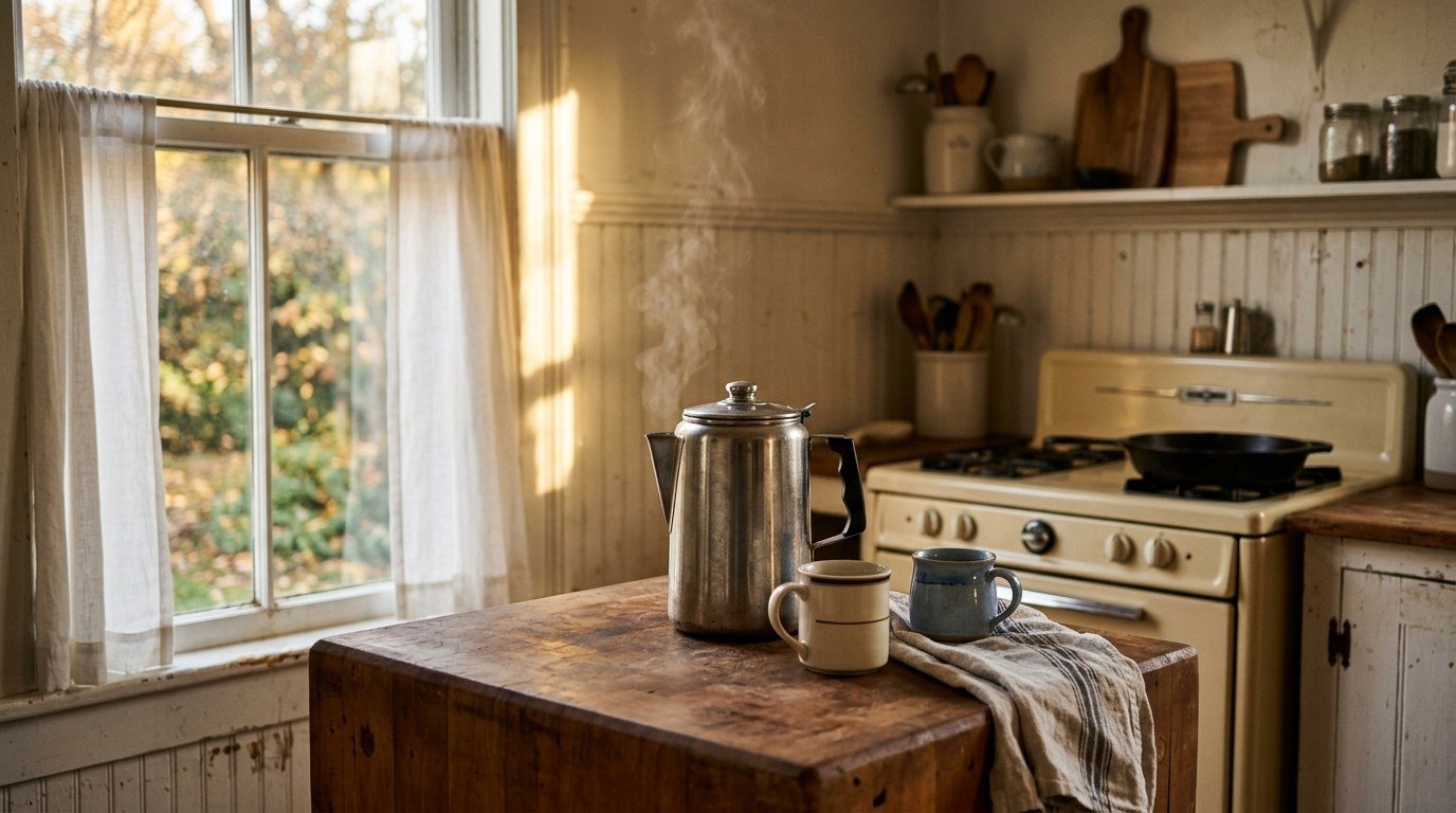 A sun-drenched farmhouse kitchen counter set for company, capturing the quiet warmth of southern hospitality in every carefully placed detail.