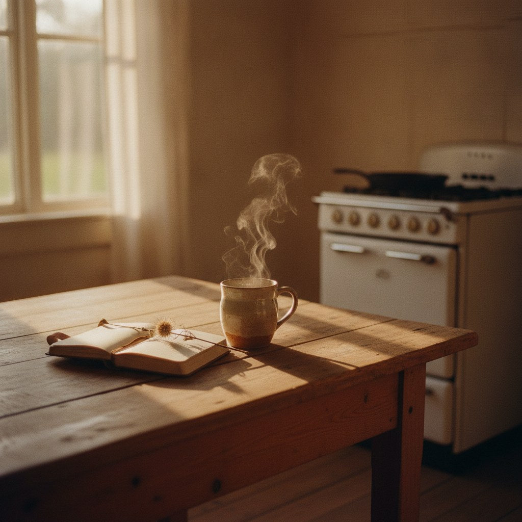 A worn farmhouse kitchen table at dawn with a steaming coffee mug and an open journal, evoking the quiet courage of starting over.