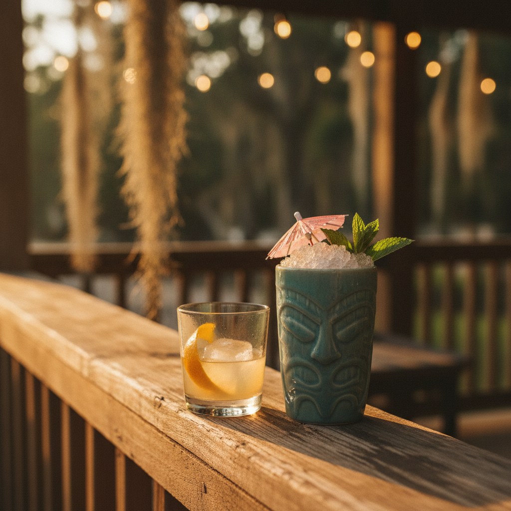 A sun-warmed Southern farmhouse porch at golden hour where two mismatched cocktail glasses sit side by side on a weathered wood railing, evoking the timeless debate between the tai recipe original and a classic bourbon Old Fashioned.