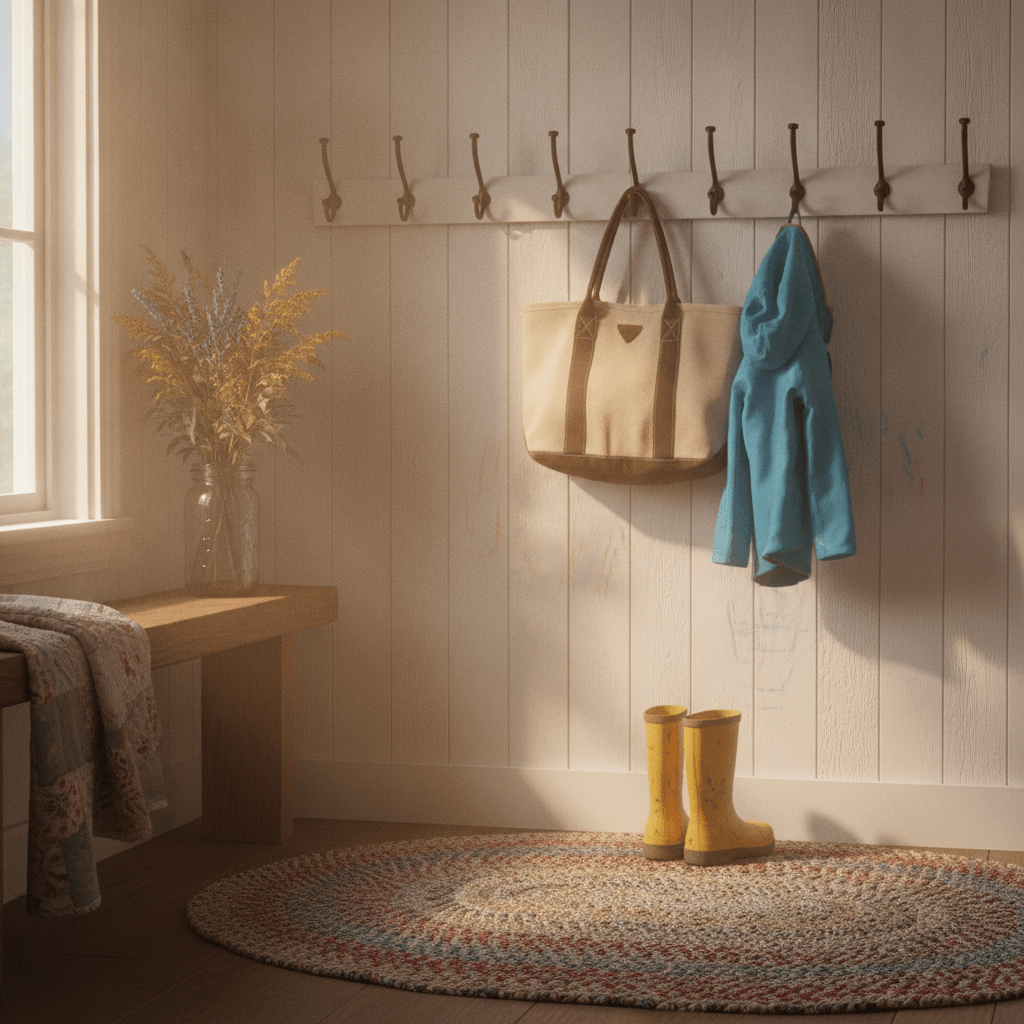 A warm farmhouse entryway at golden hour where the theology of the body and everyday domestic life meet in worn wood, scattered boots, and soft morning light.