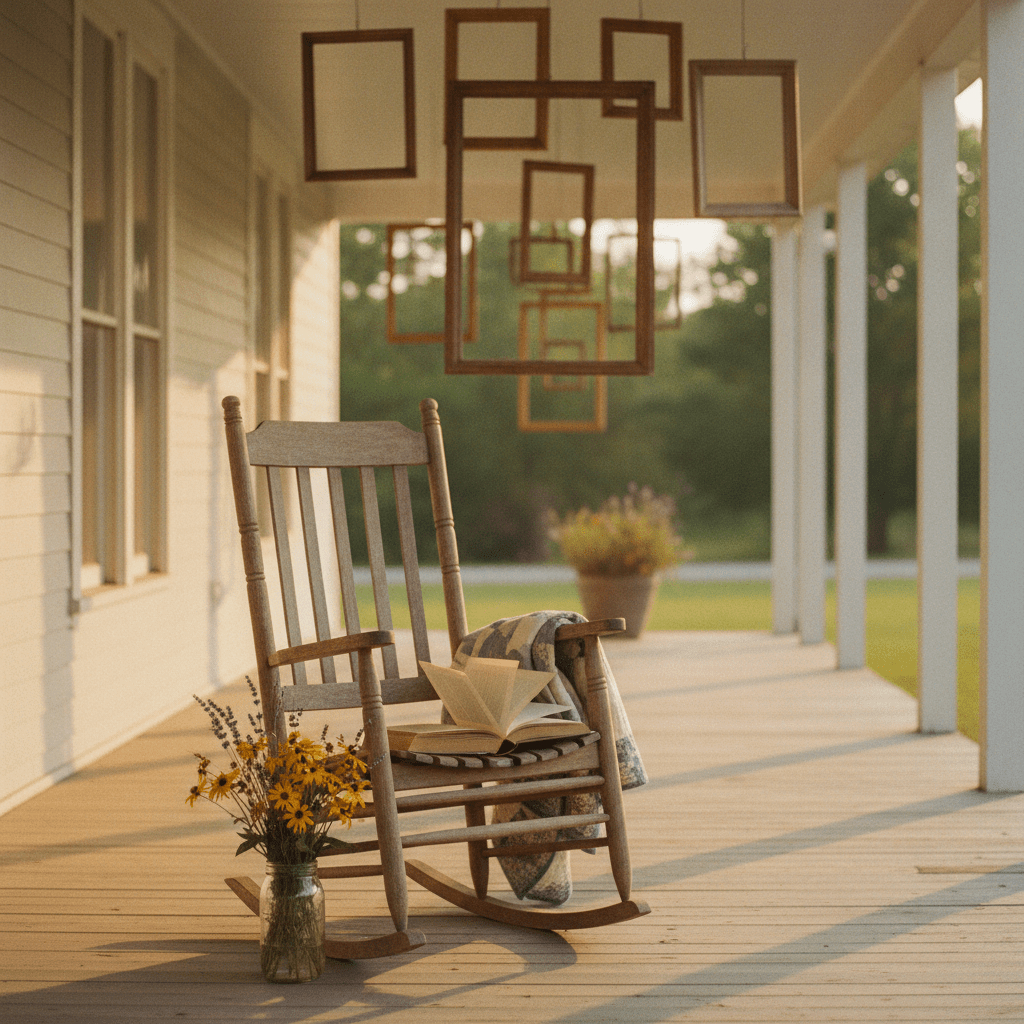 A sunlit Southern farmhouse porch at golden hour, where a weathered rocking chair and an open family Bible rest beside a mason jar of wildflowers — a quiet scene that captures the spirit of words to live by passed down through generations.