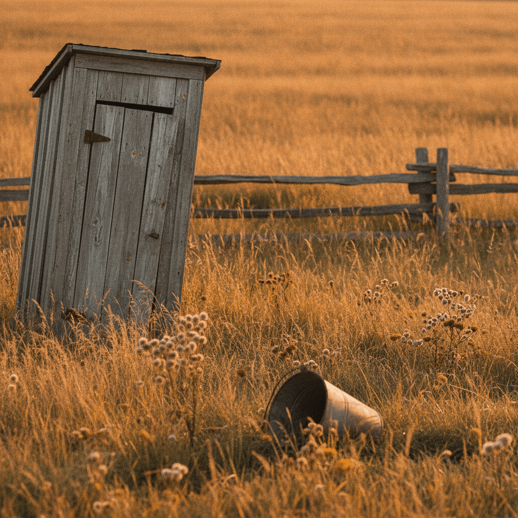 A weathered wooden outhouse stands at the edge of a sun-drenched Southern field, surrounded by tall golden grass and a split-rail fence draped in morning light.