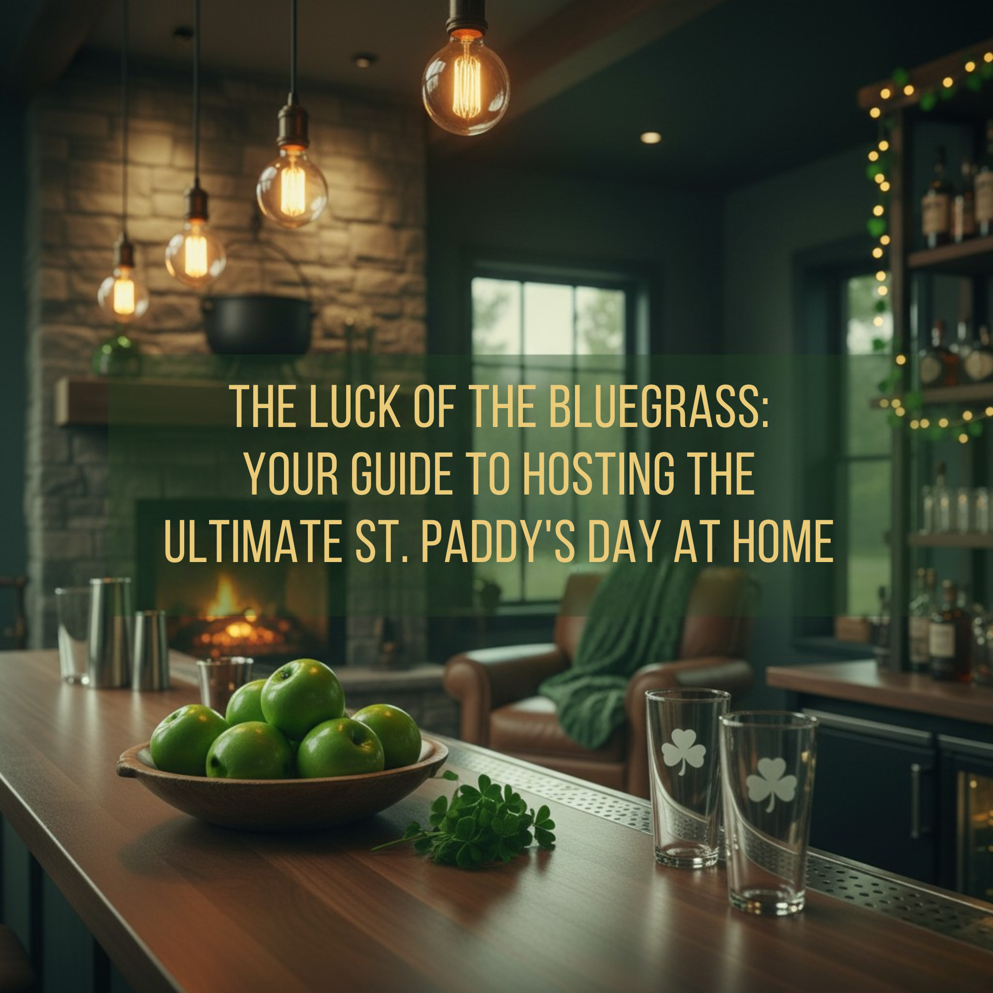 A cinematic view of a rustic Kentucky home bar with warm lighting and the blog title "The Luck of the Bluegrass: Your Guide to Hosting the Ultimate St. Paddy’s Day at Home"