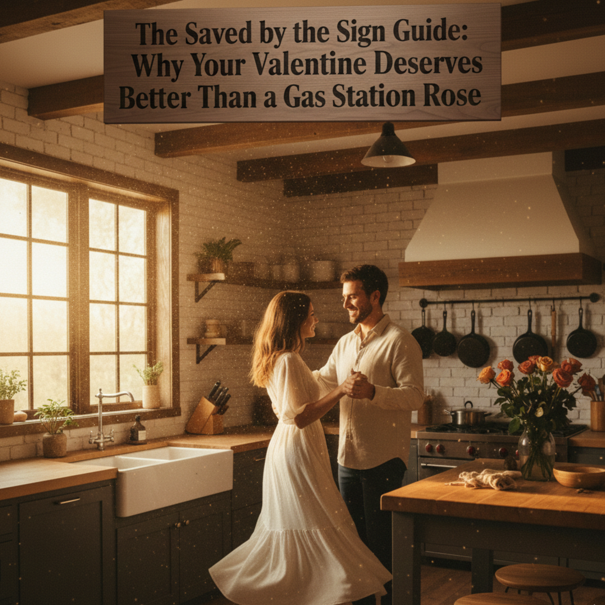 Romantic couple dancing in a kitchen with a custom wood sign title overlay for Bluegrass Gifts Valentine's Day guide.