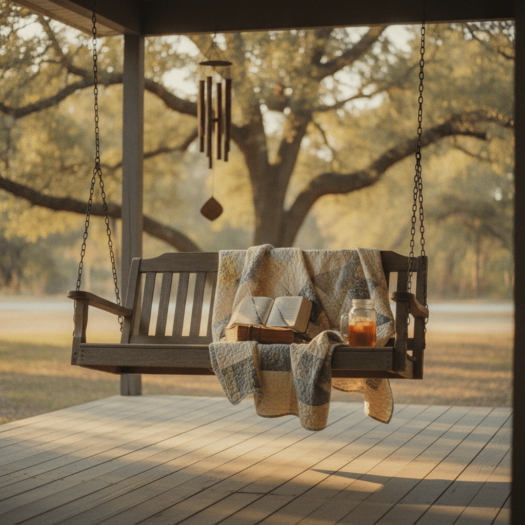 A worn farmhouse Bible rests open on a quilt-covered porch swing at golden hour, evoking the quiet honesty found in verses about fear.