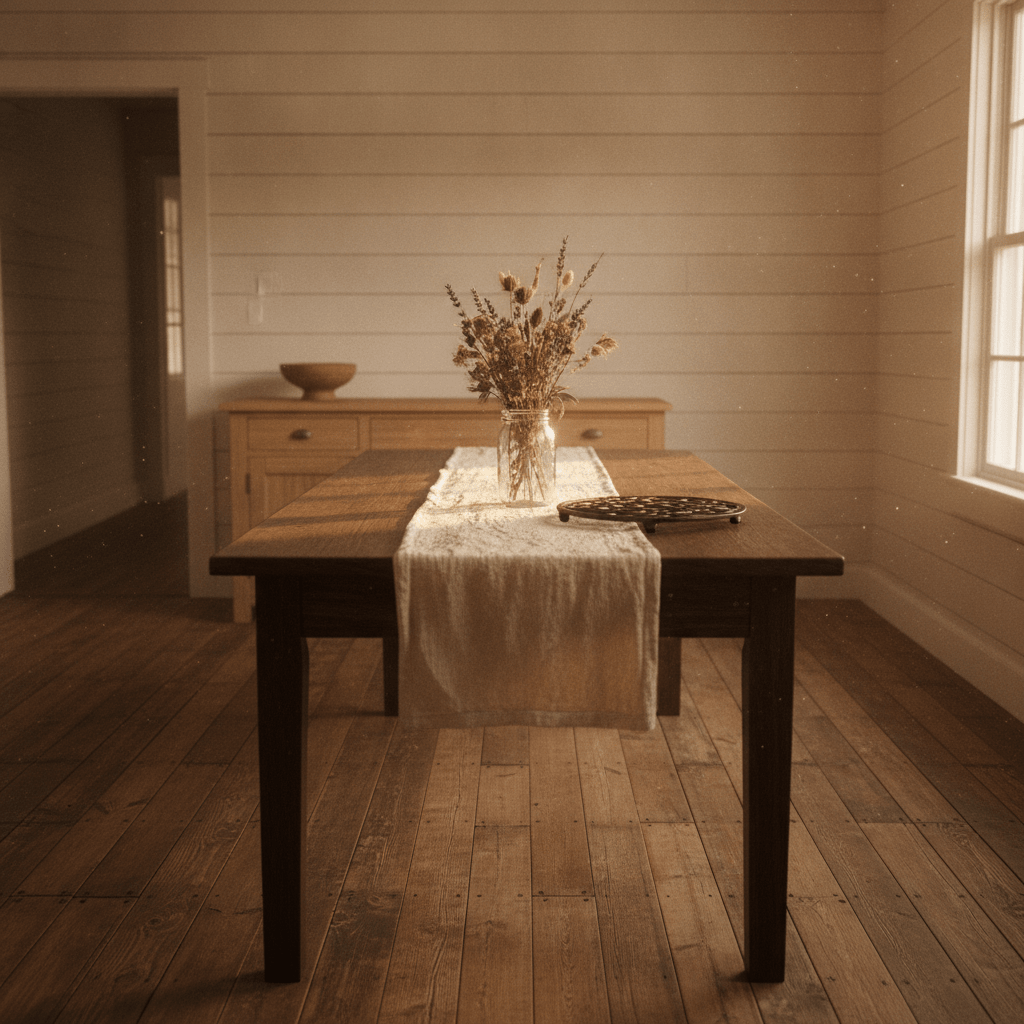 A sun-warmed Southern farmhouse dining room where walnut vs oak furniture tells the story of two different homes side by side.