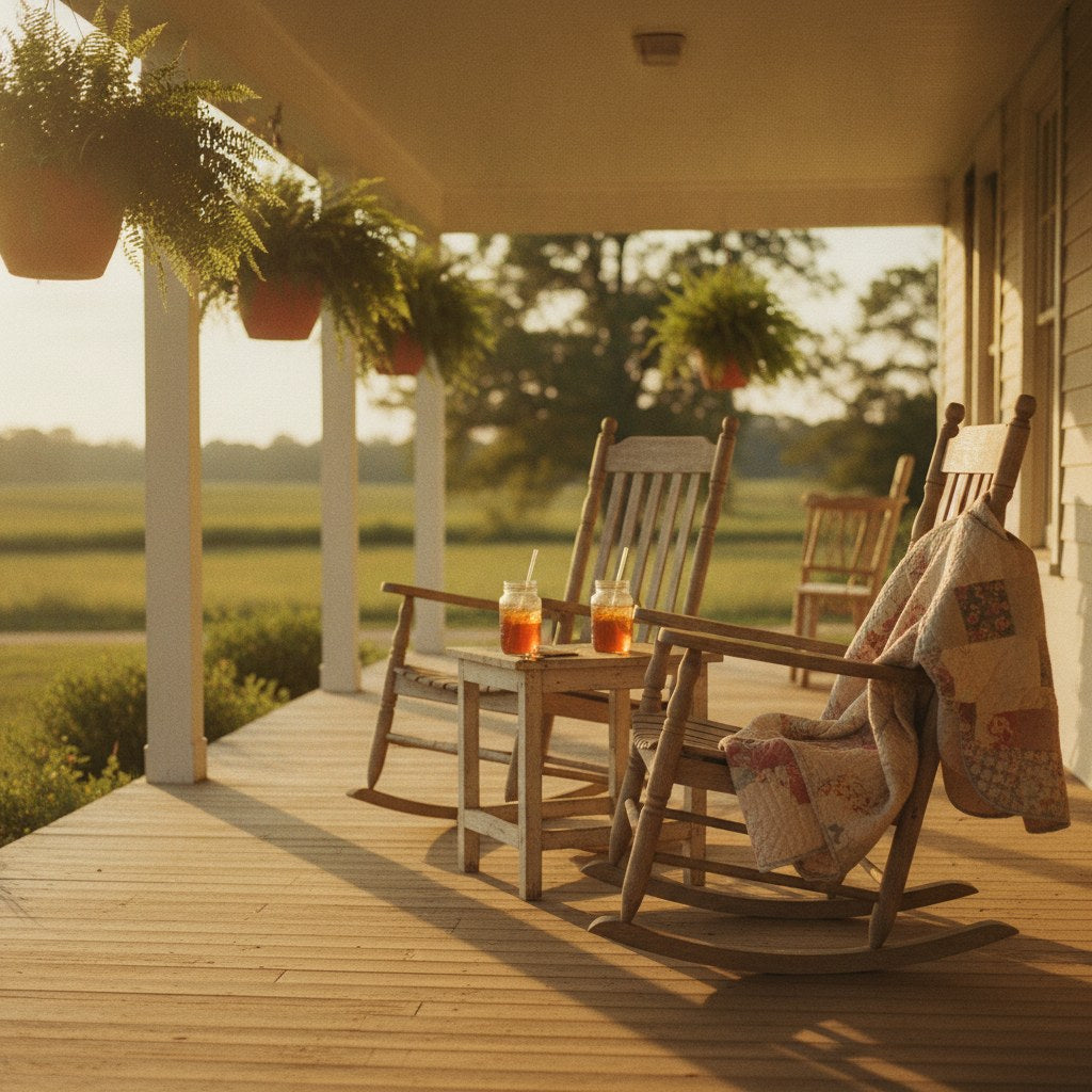 A sunlit farmhouse porch with two rocking chairs and a shared quilt draped between them, evoking the easy warmth of the moments we laugh together without reason.