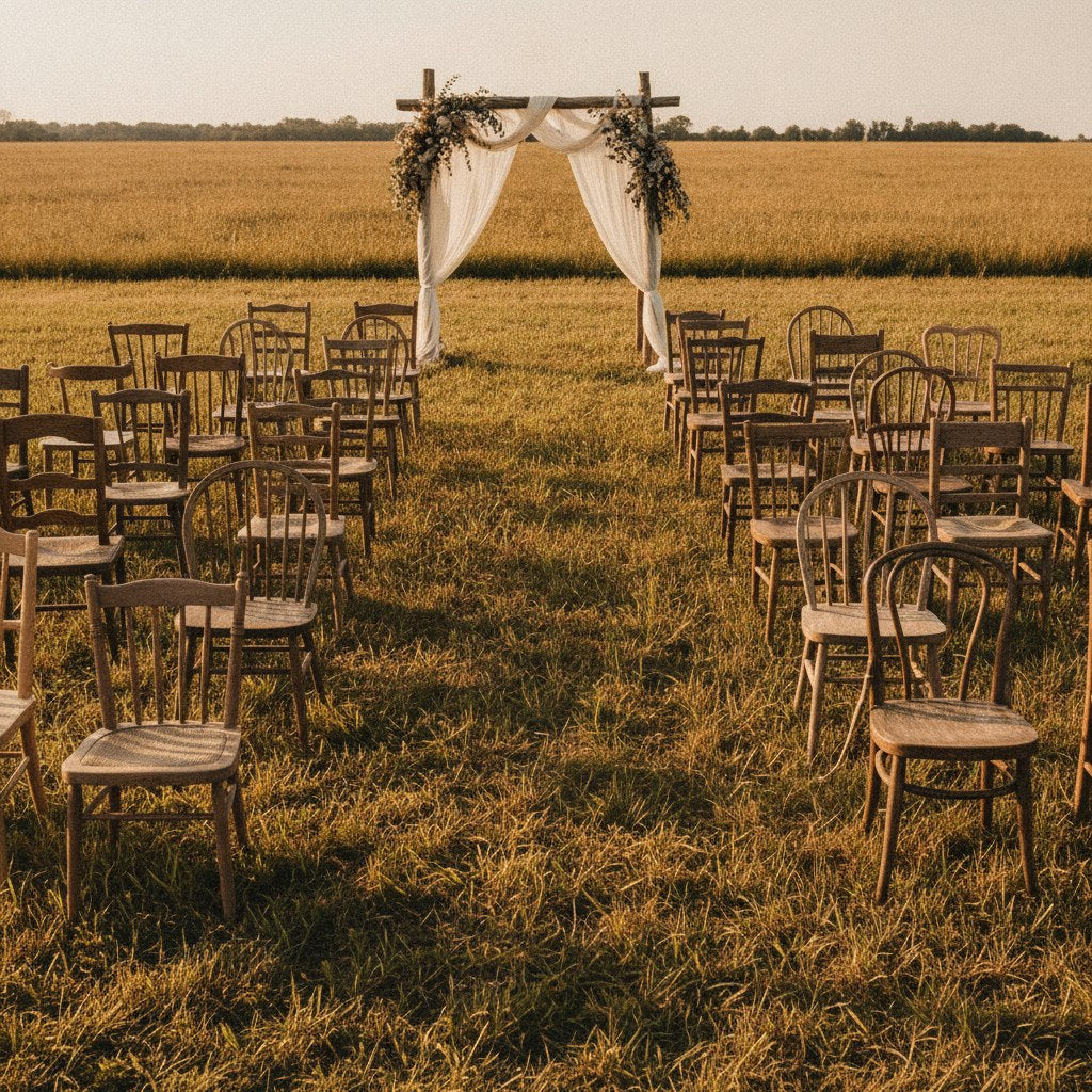 Rows of mismatched wooden chairs arranged in an open field at golden hour, setting the scene for a relaxed and welcoming wedding ceremony.