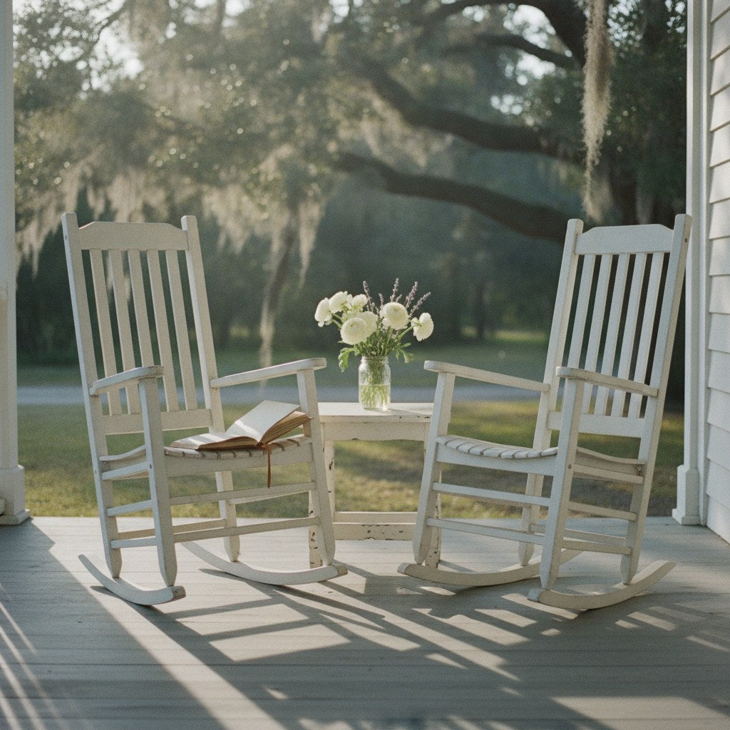 A sunlit farmhouse porch at golden hour with two weathered rocking chairs, a mason jar of wildflowers, and an open journal resting on the armrest, evoking the quiet permanence of wedding vows written by hand.