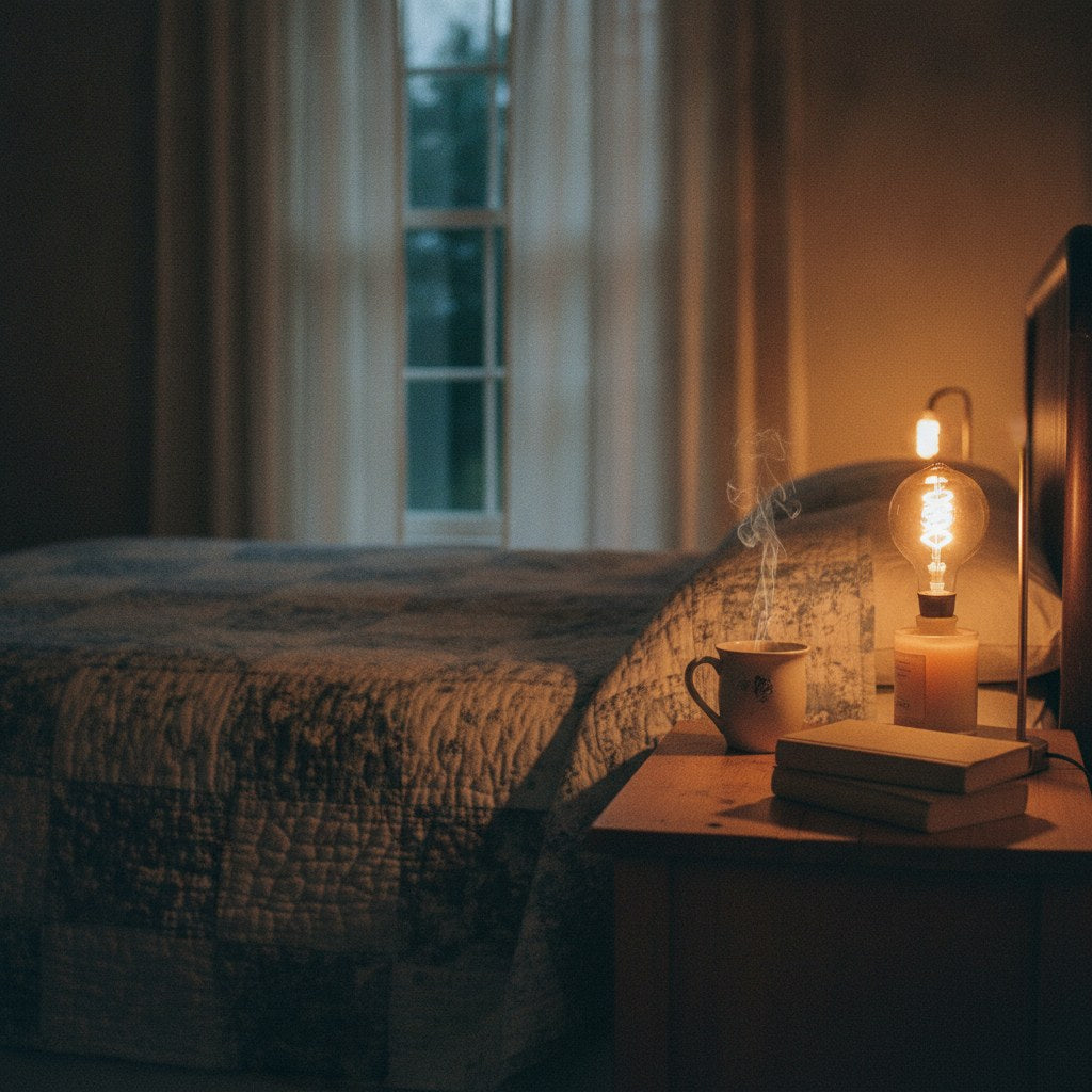 A softly lit farmhouse bedroom at dusk with a quilt-covered bed, a steaming mug on the nightstand, and warm golden lamplight suggesting a peaceful wind down routine before sleep.