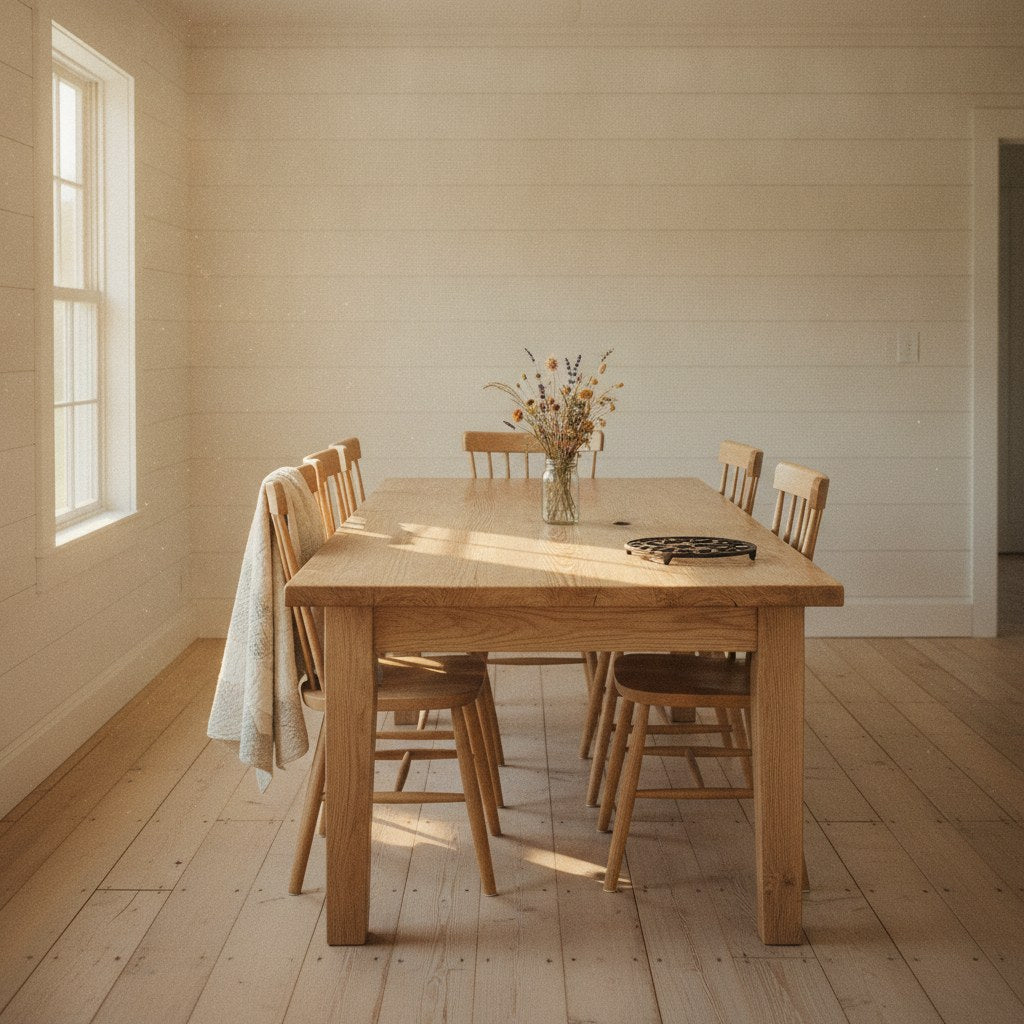 A worn ash wood dining table bathed in golden afternoon light inside a Southern farmhouse, its grain and wood characteristics telling the story of a century of careful use.
