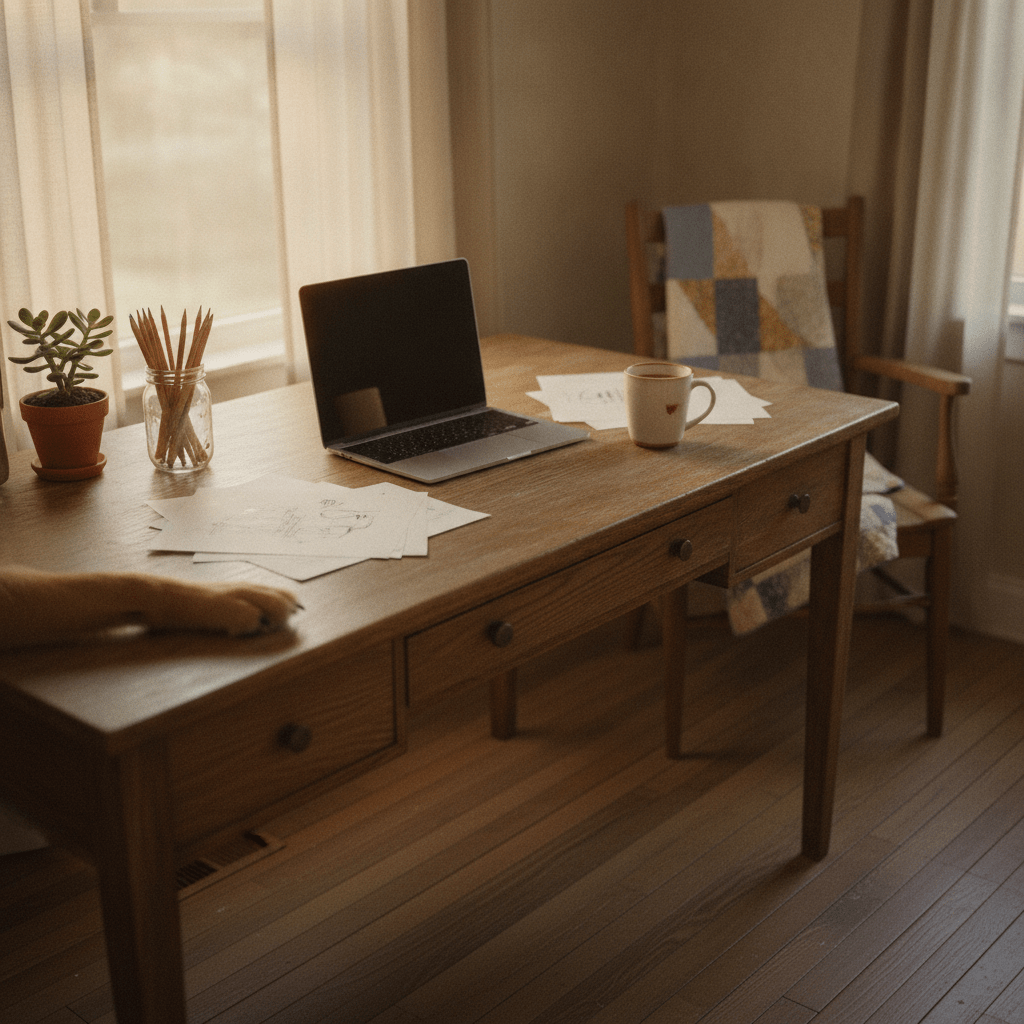 A cozy farmhouse home office corner with a worn wooden desk, cold coffee, and golden morning light capturing the honest chaos of work from home life.