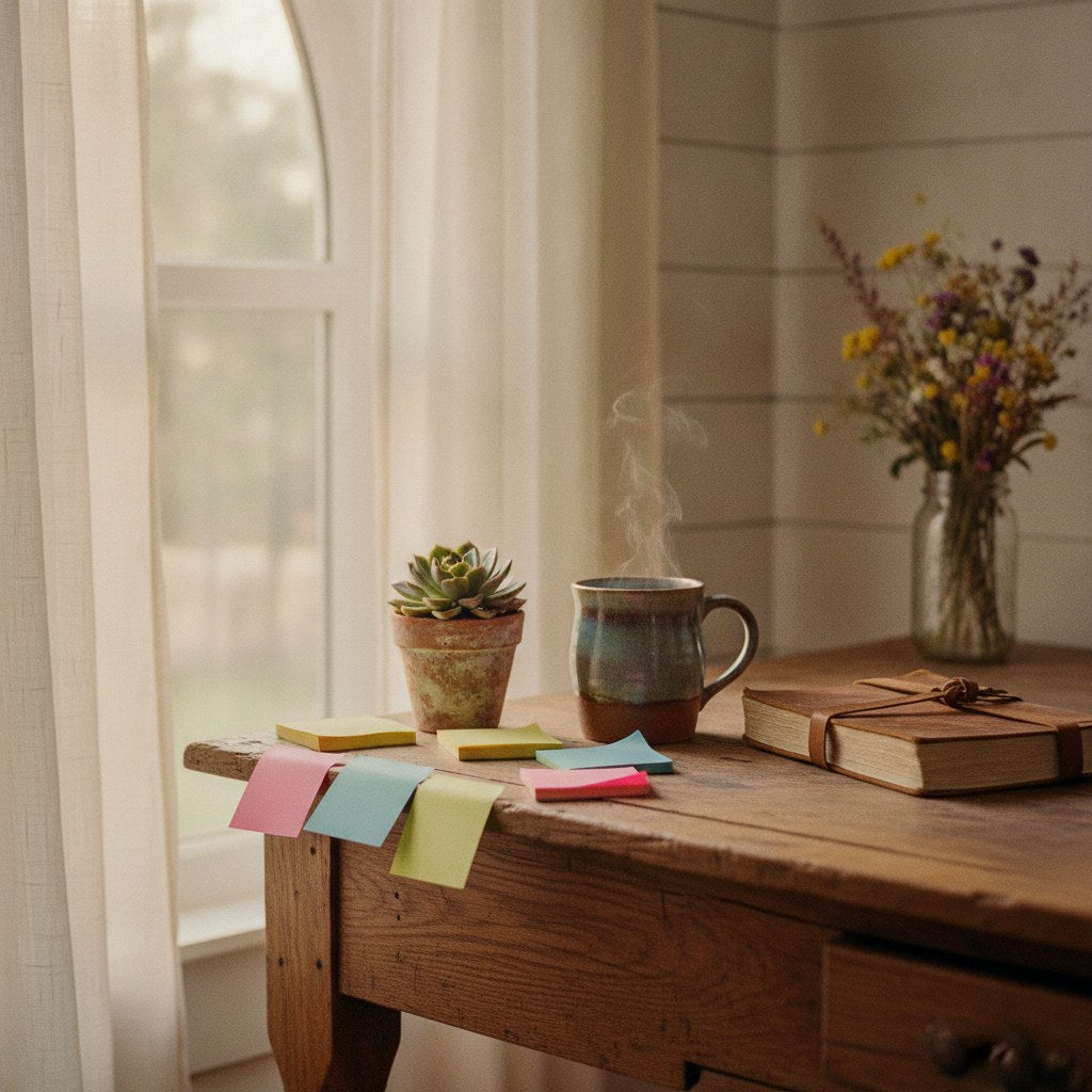 A sunlit farmhouse desk corner layered with sticky notes, a ceramic mug, and small personal trinkets that quietly reveal a workplace personality test in progress.