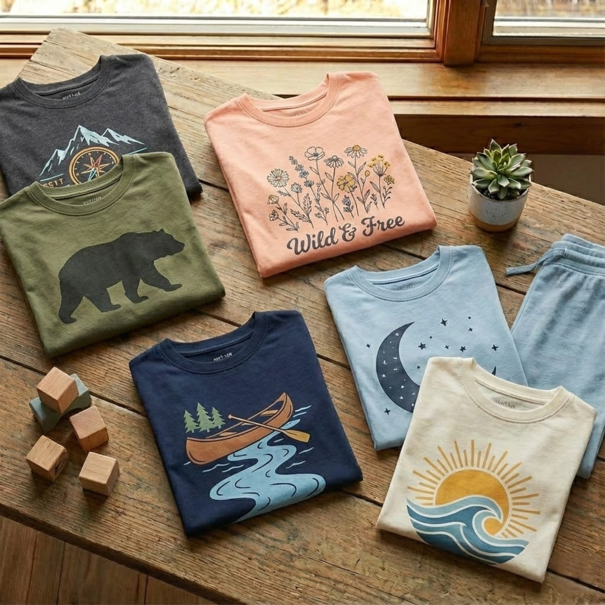 Folded kids graphic t-shirt with a playful design laid flat on a rustic wooden table."