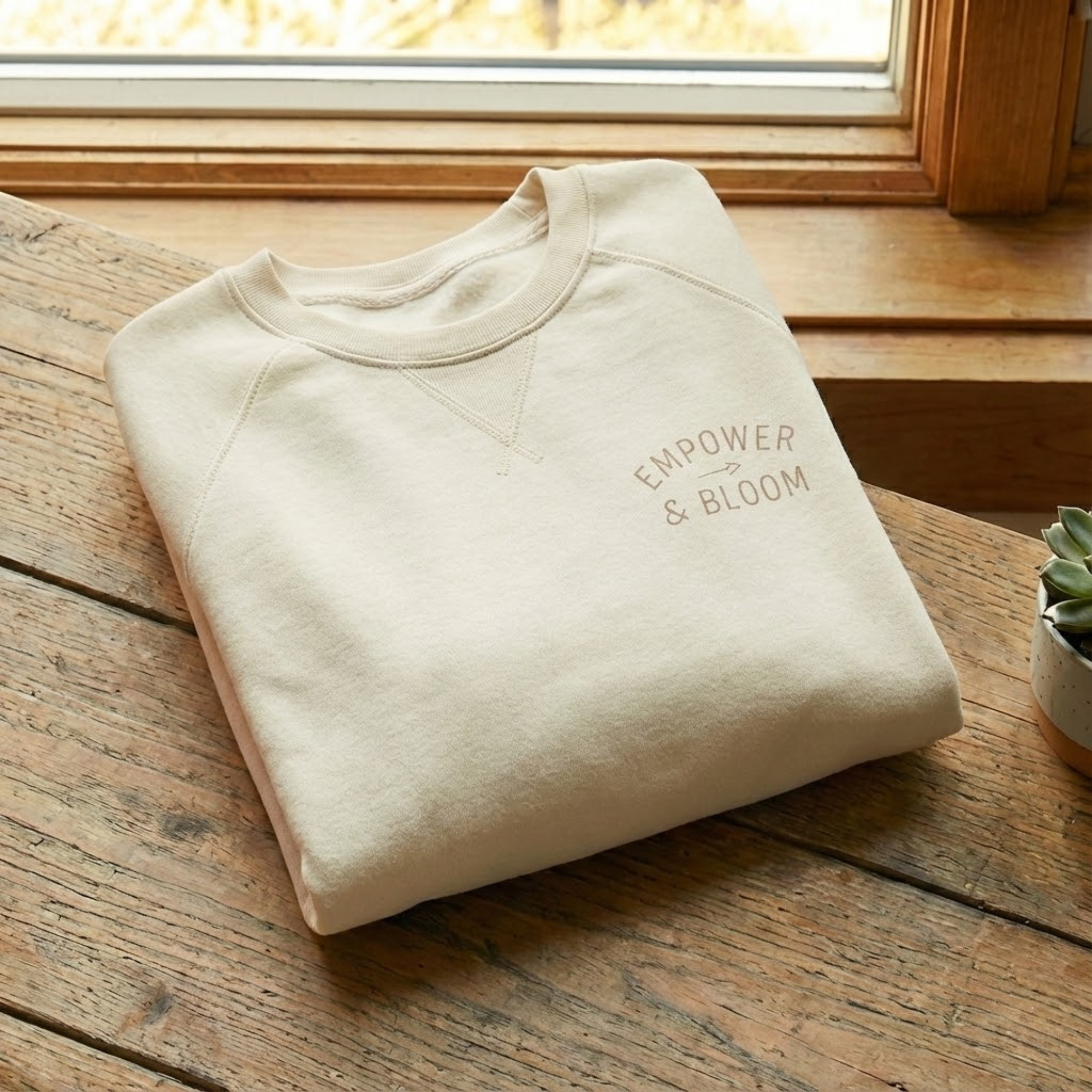 Folded stack of women's cozy crewneck sweatshirts with graphic designs and nature prints on a rustic wooden table.