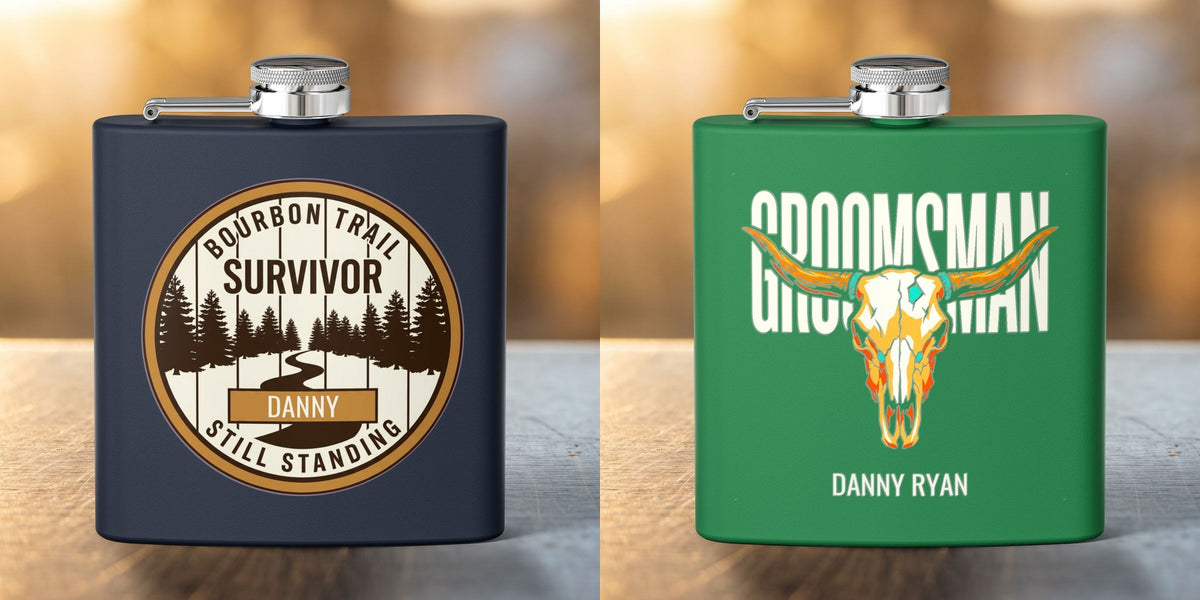 Bourbon Trail Survivor and Longhorn Groomsman personalized 6oz flasks side by side - Bluegrass Gifts flasks, designed in Kentucky