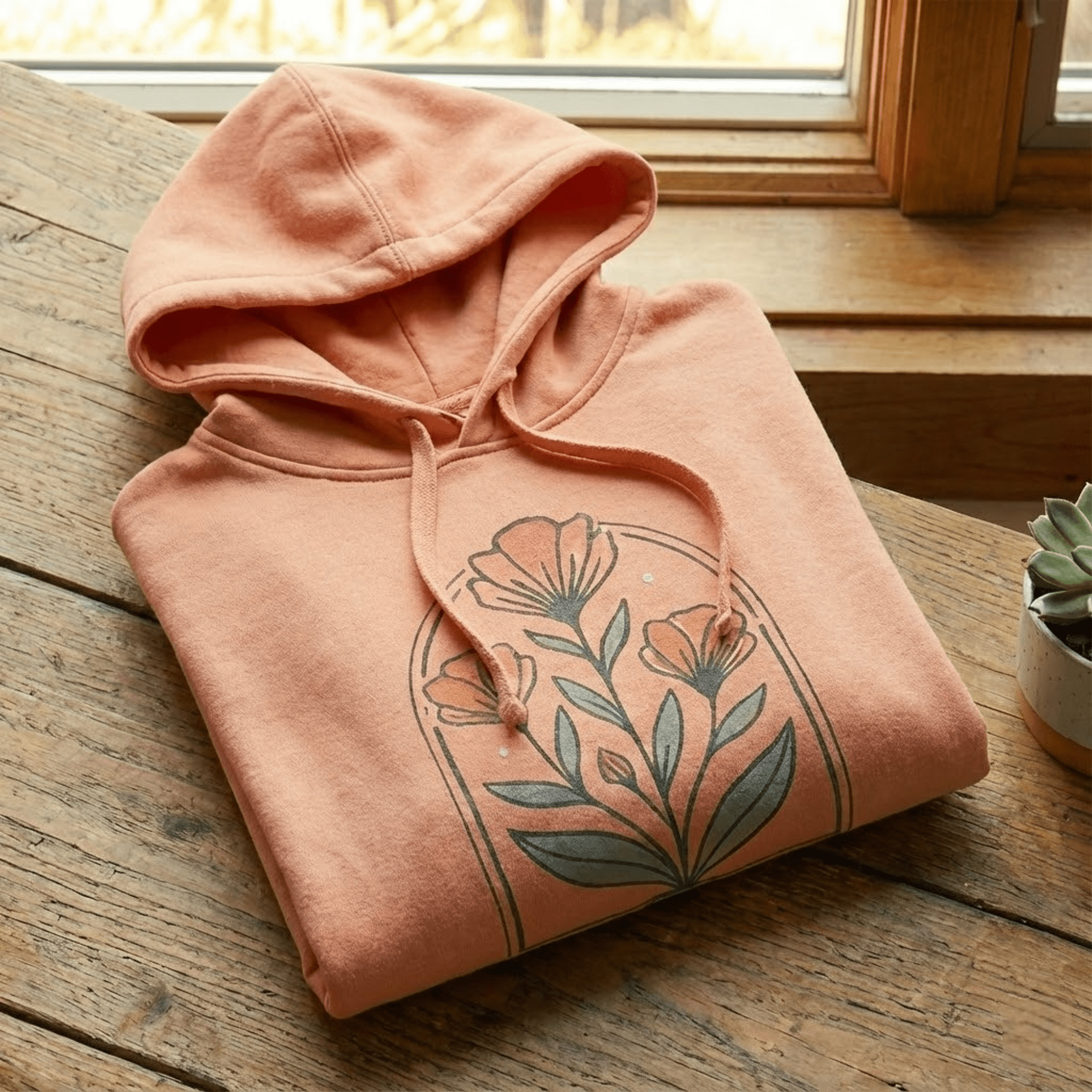 Woman wearing a cozy graphic hoodie with a hood up, standing in a natural outdoor setting
