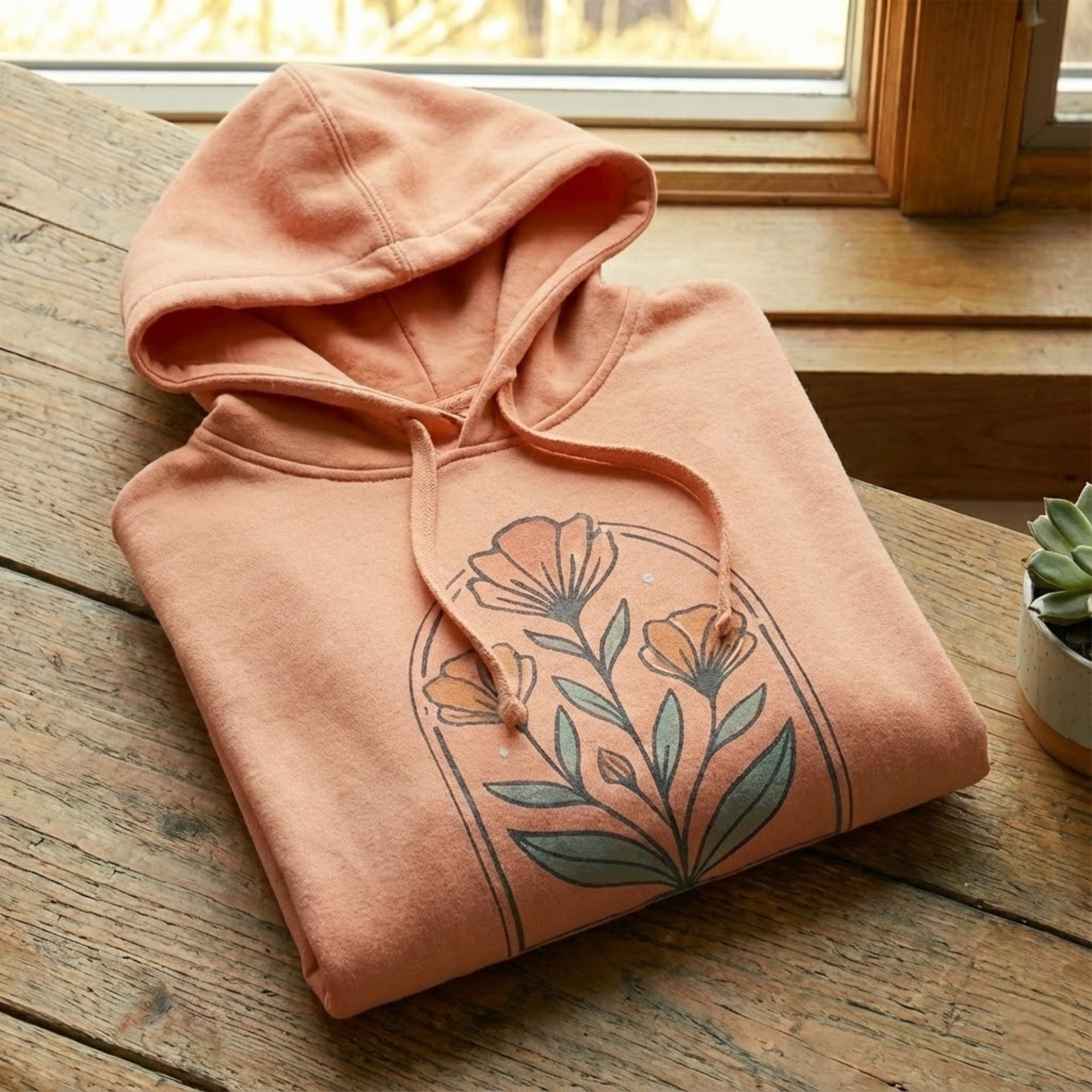 Woman wearing a cozy graphic hoodie with a hood up, standing in a natural outdoor setting