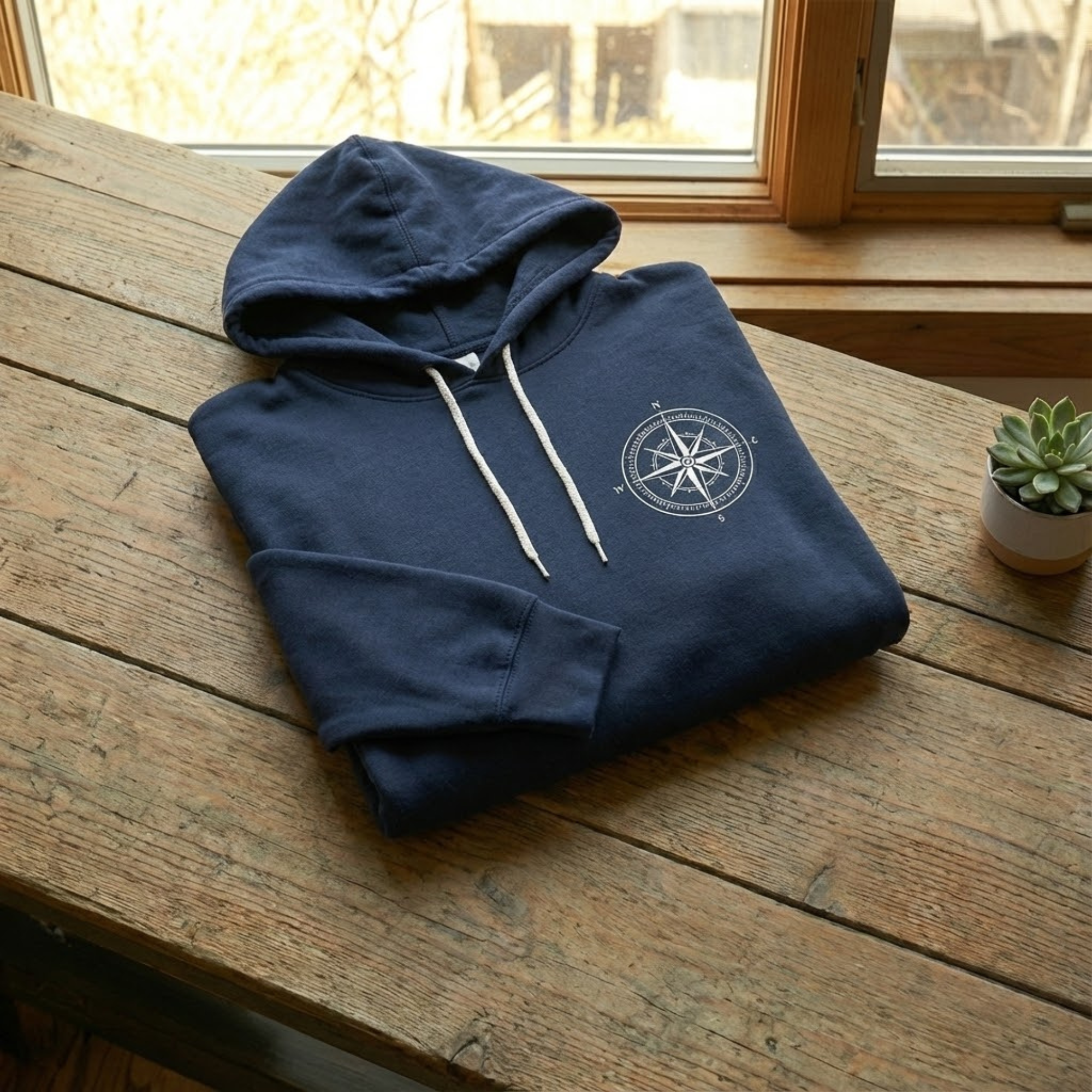 Men's navy blue graphic hoodie with white vintage compass design folded on a rustic wooden table - Bluegrass Gifts.
