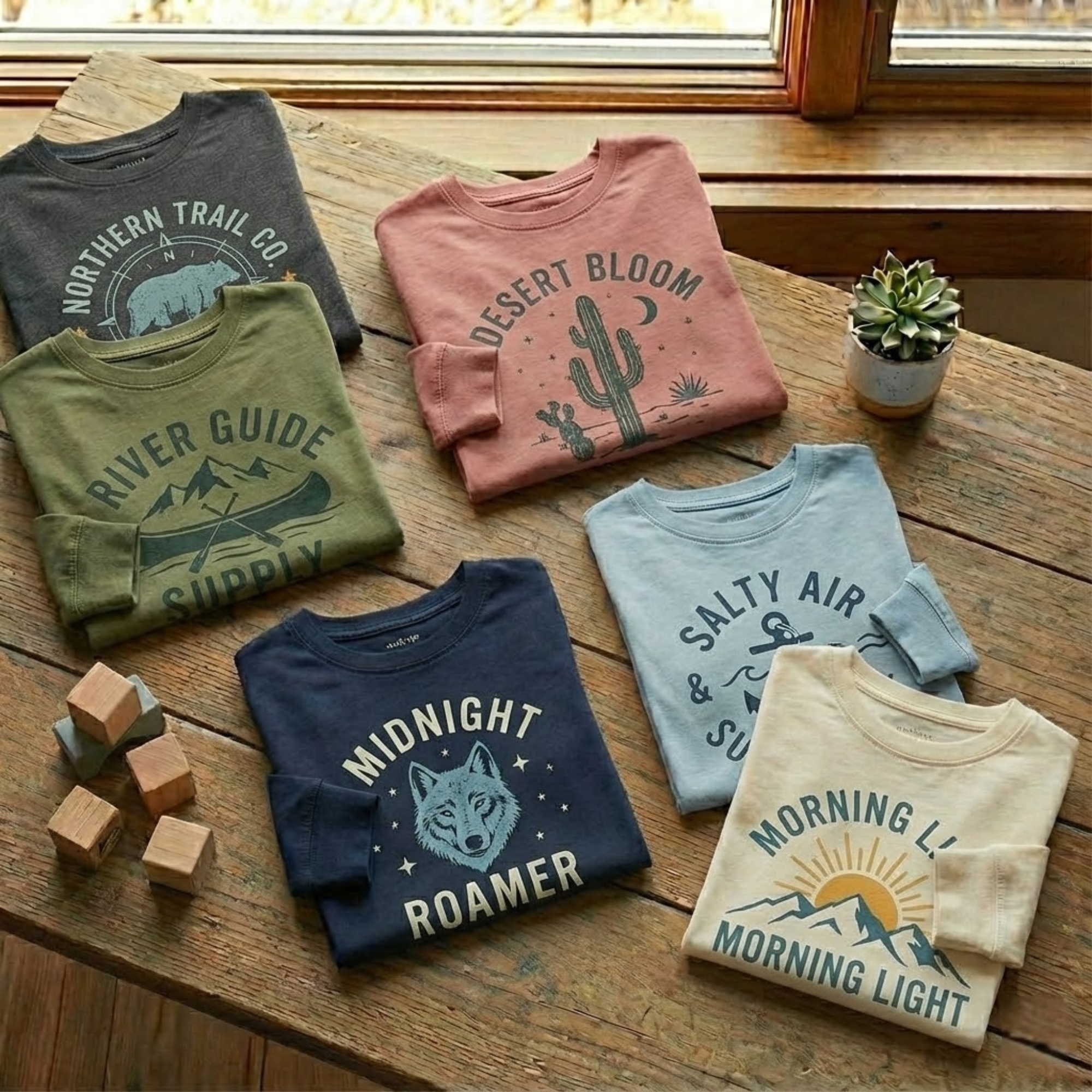 Kids long sleeve graphic t-shirt folded neatly on a wood surface.