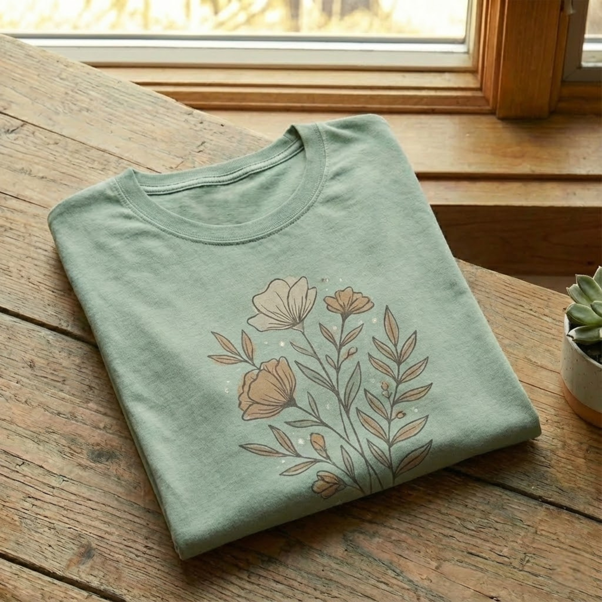 Flat lay of women's graphic t-shirts with various designs and colors on a wood background.