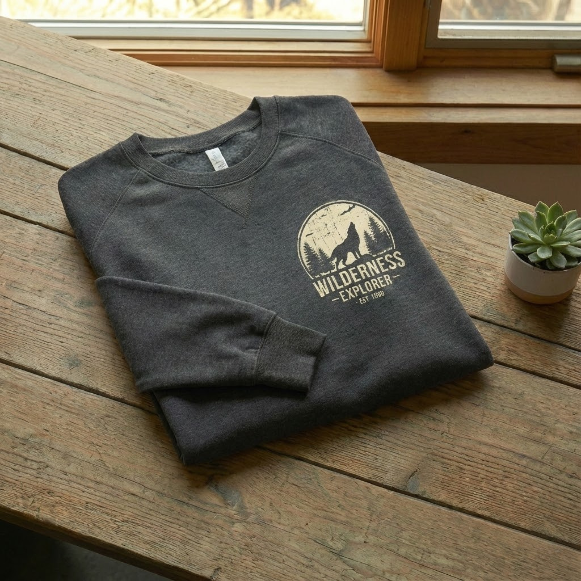 Men's grey crewneck sweatshirt with a bold graphic print laid flat on a rustic surface
