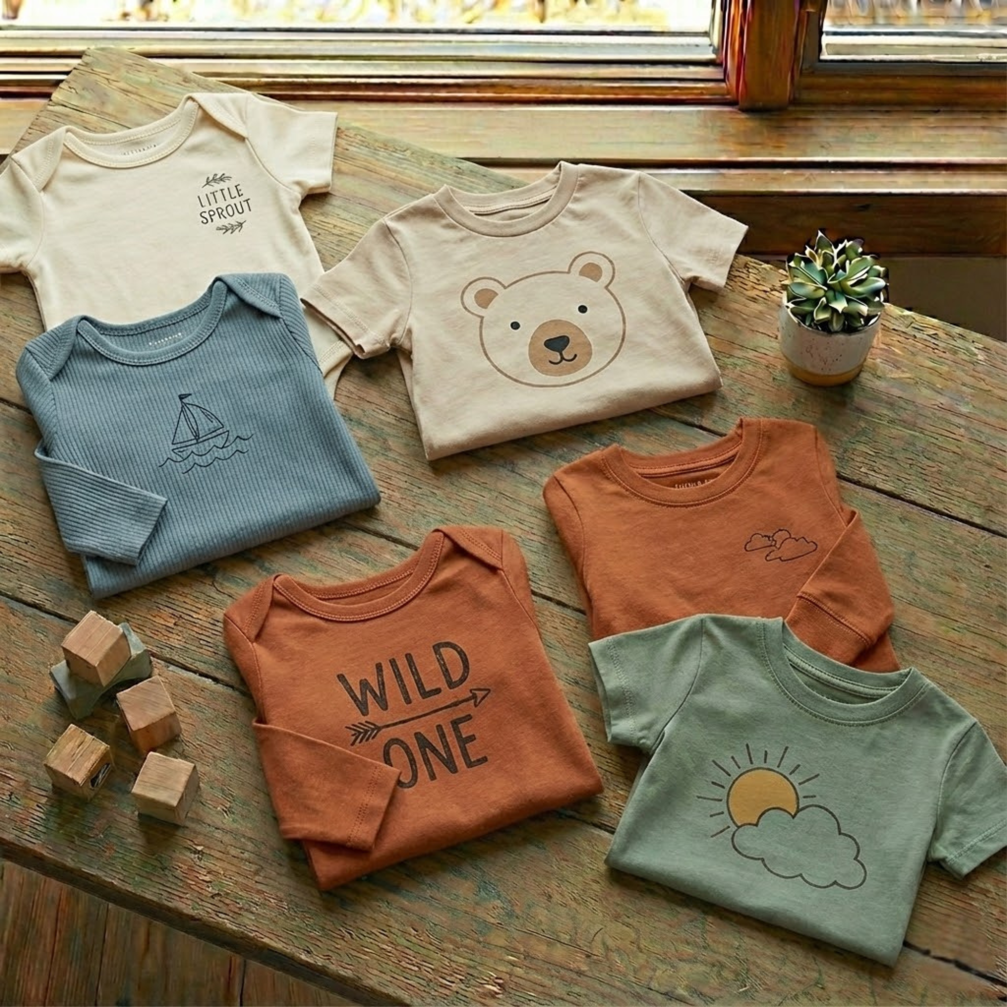 Cute baby graphic onesie bodysuit folded on a rustic wooden background.