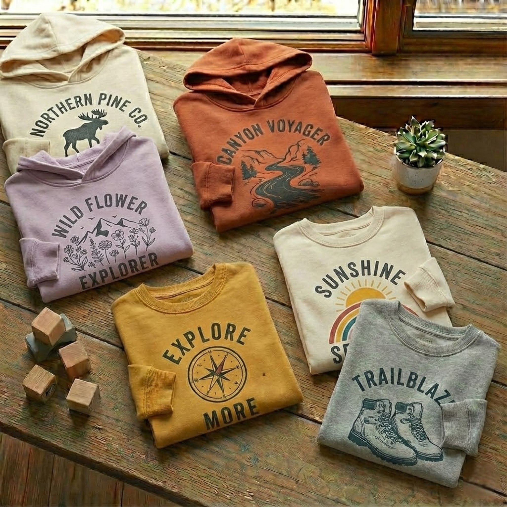 Kids' crewneck sweatshirt with a graphic print folded on a rustic wooden table.