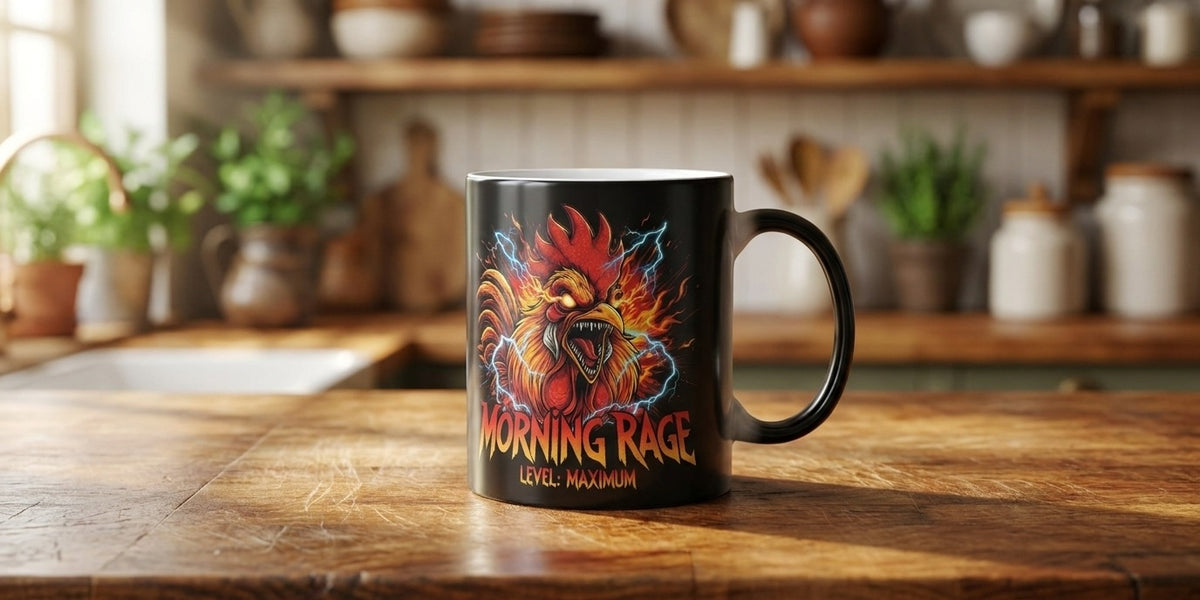 Morning Rage angry rooster heat-reveal magic mug on a kitchen counter - Bluegrass Gifts magic mugs